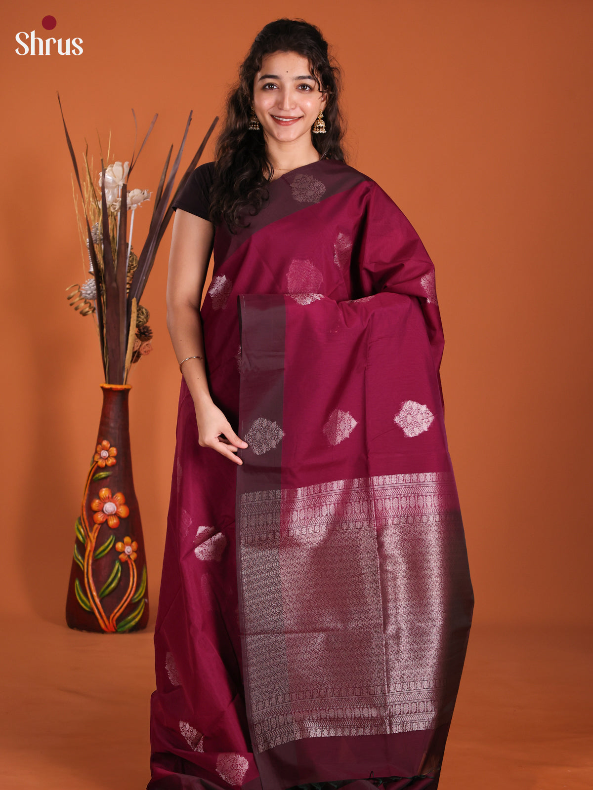 Wine & Brown - Semi Silkcotton Saree-DKS11327