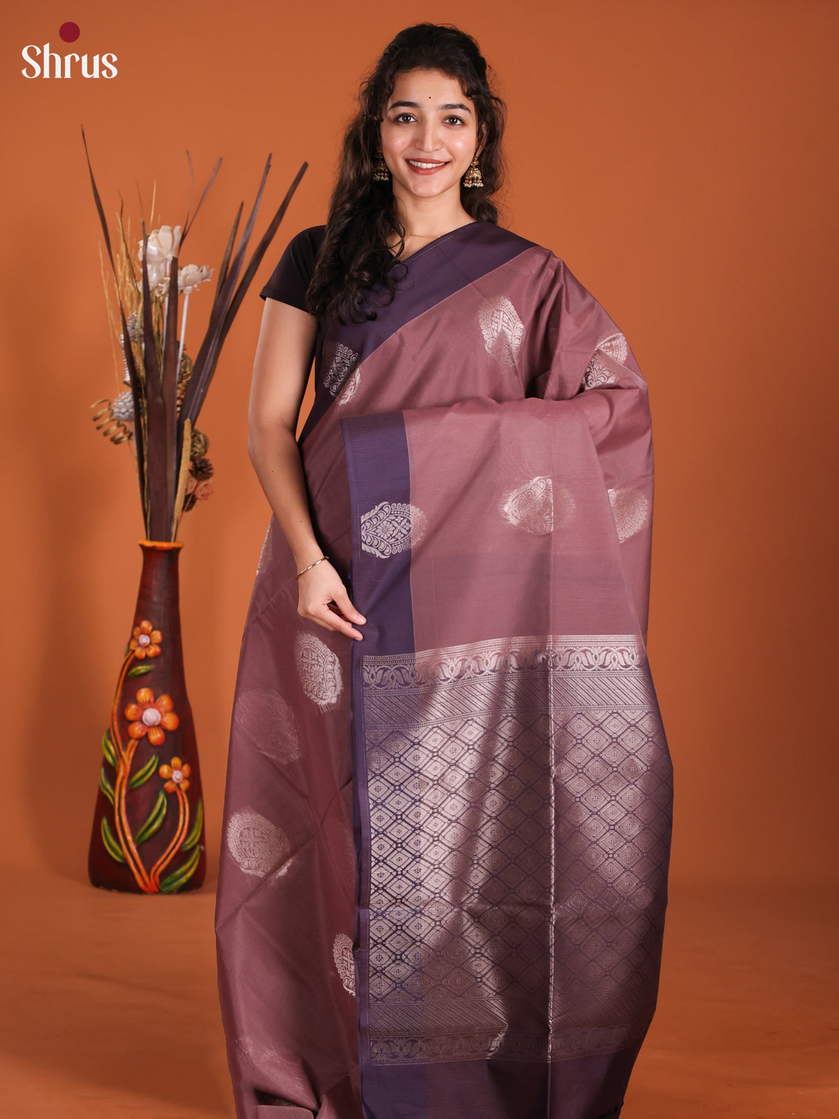 Dusty Brown & Purple -DKS11330 - Semi Silkcotton Saree