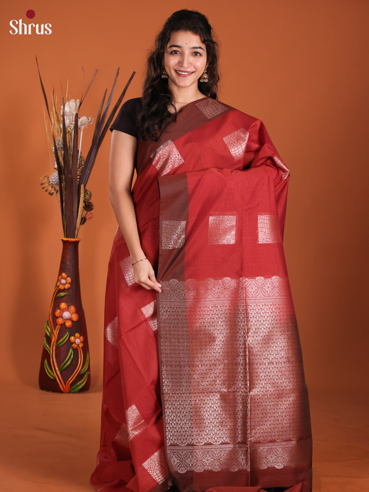 Red & brown - Semi Silkcotton Saree -DKS11336