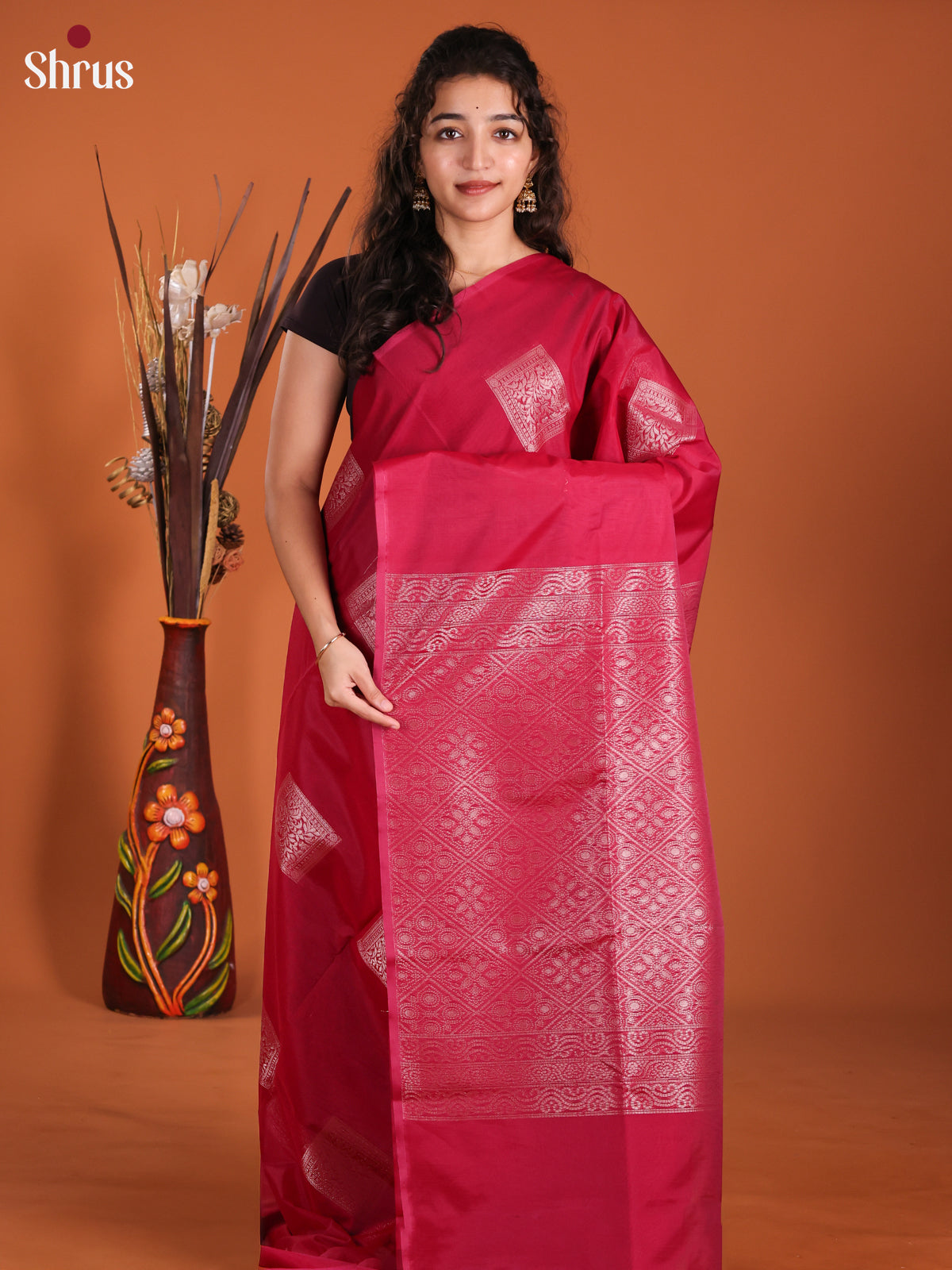 Reddish Pink  - Semi Silkcotton Saree- DKS11377 - Shop on Shrus.com