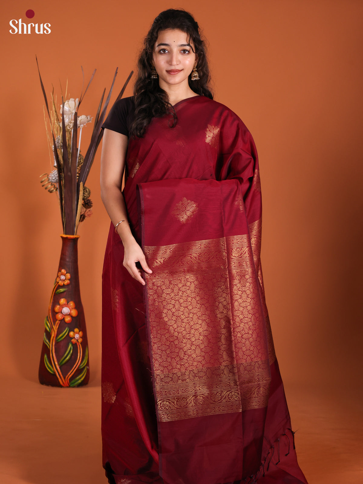 Maroon -Semi Silkcotton Saree-DKS11379 - Shop on Shrus.com