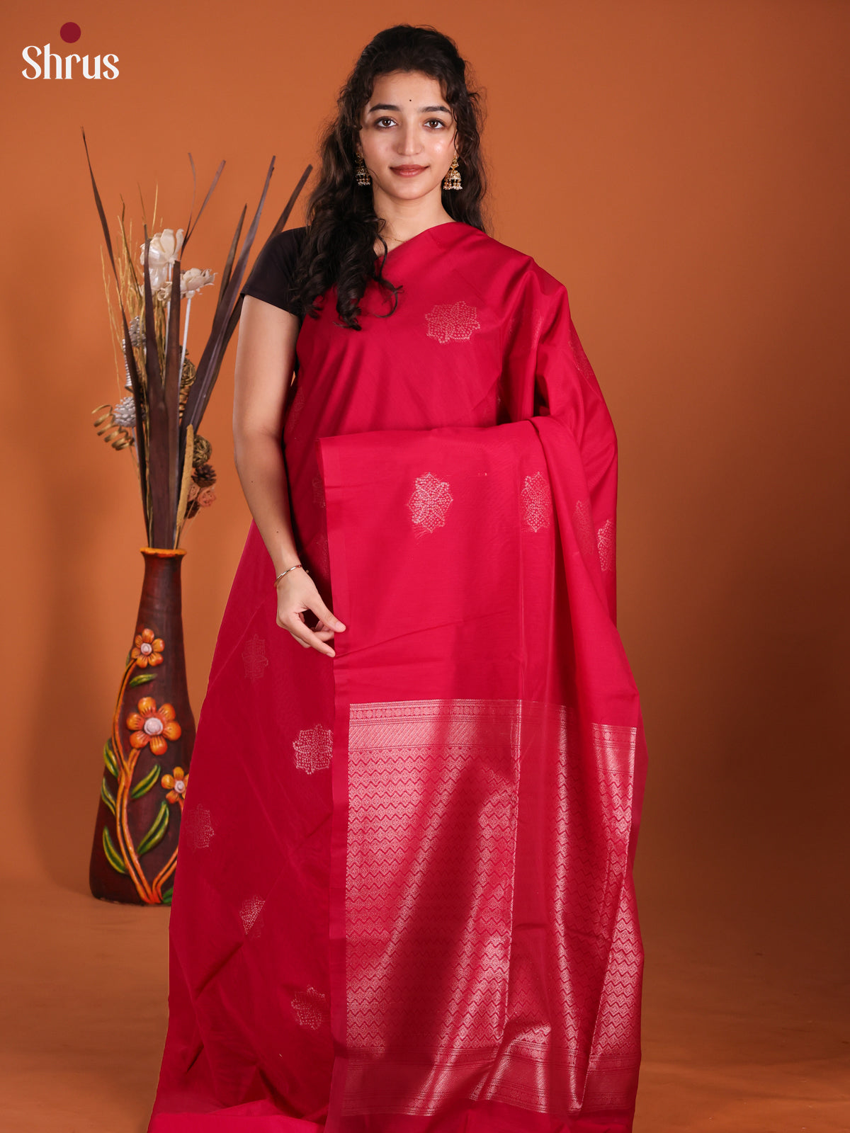Red- Semi Silkcotton Saree -DKS11385 - Shop on Shrus.com