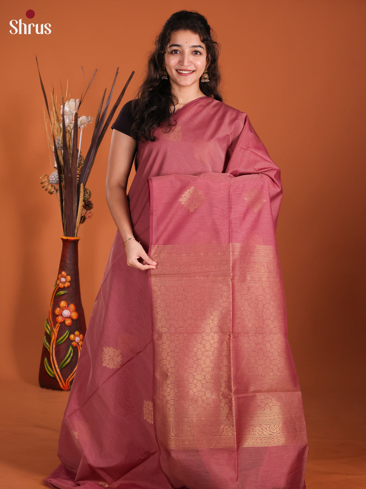 Pink  - Semi Silkcotton Saree-DKS11424 - Shop on Shrus.com