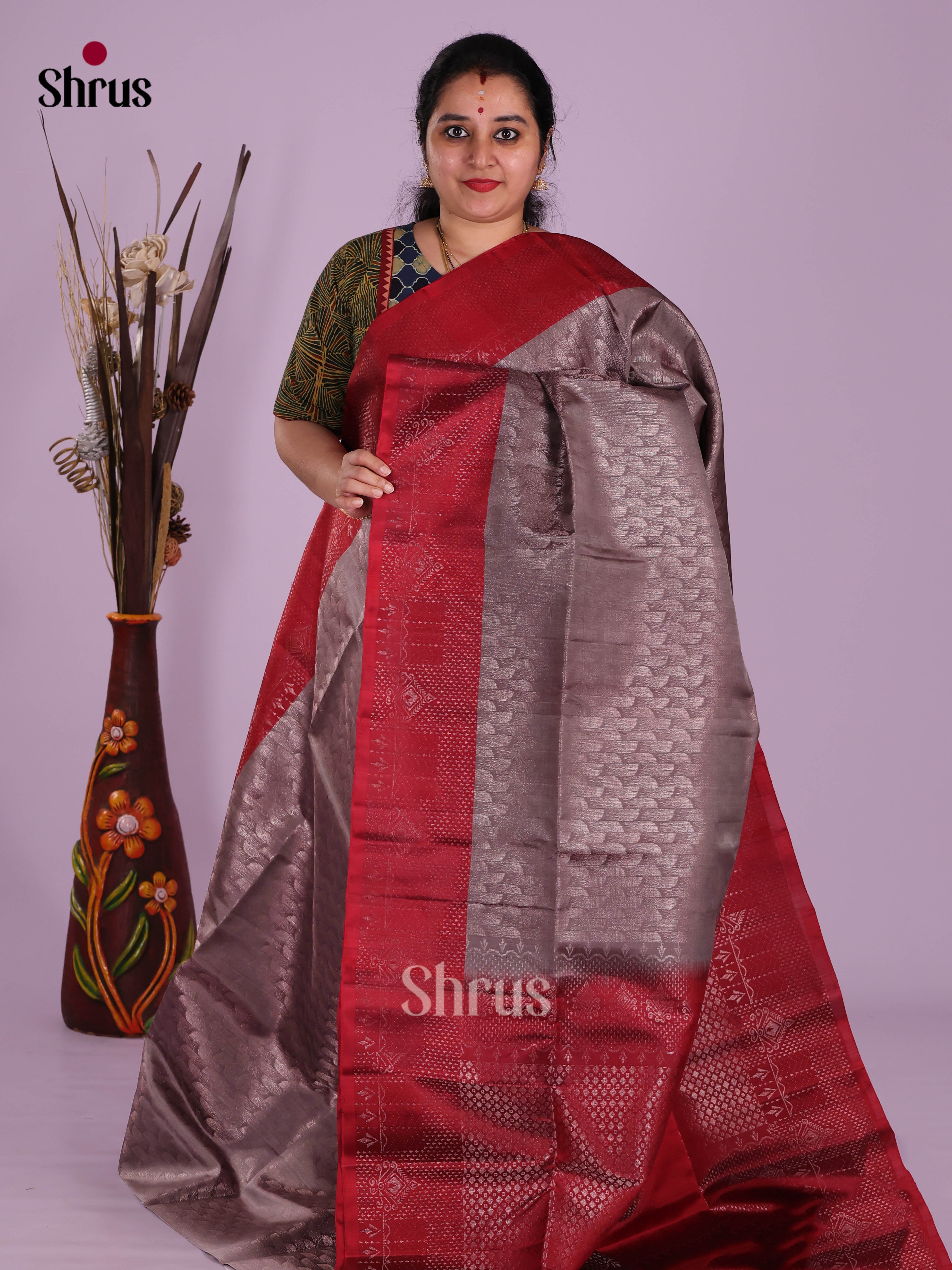 Classic Grey & Maroon Soft Silk Saree with zari brocade & contrast border