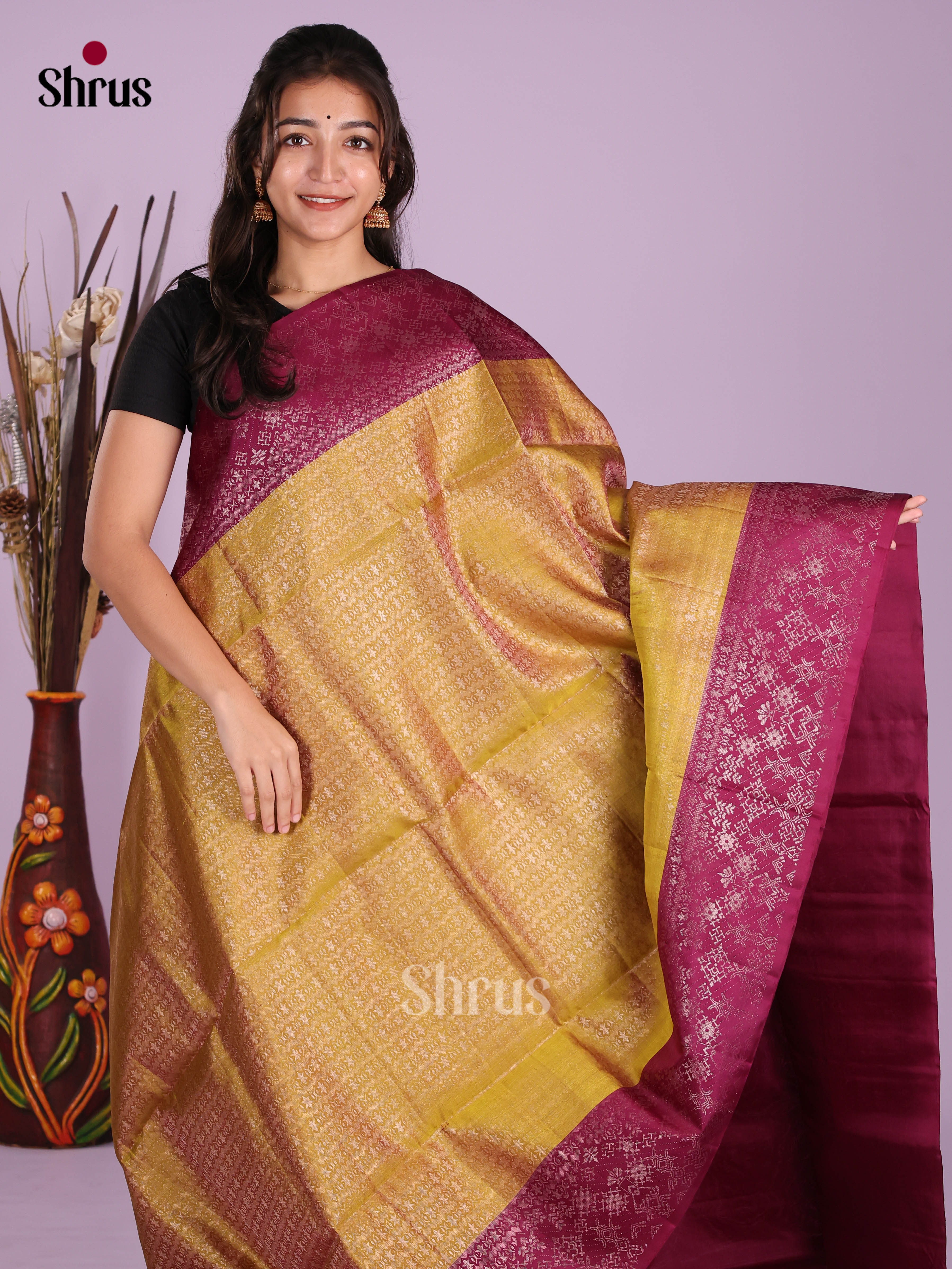Glorious Mustardy Green Soft Silk  Saree gleams with zari woven floral nestling brocade - Shop on Shrus.com