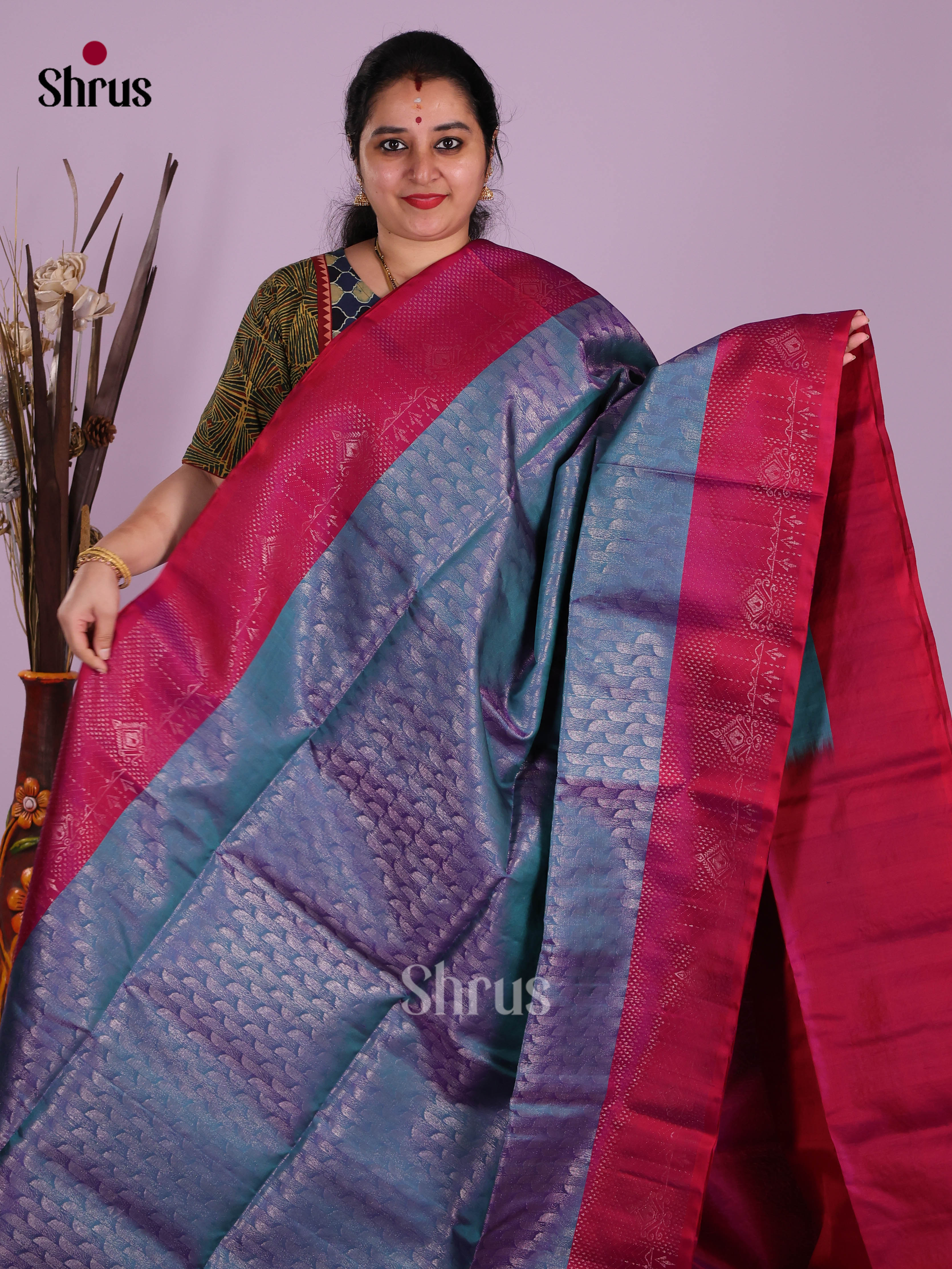 Majestic Blue Soft Silk Saree with Zari Brocade Body & Rich Pink Pallu