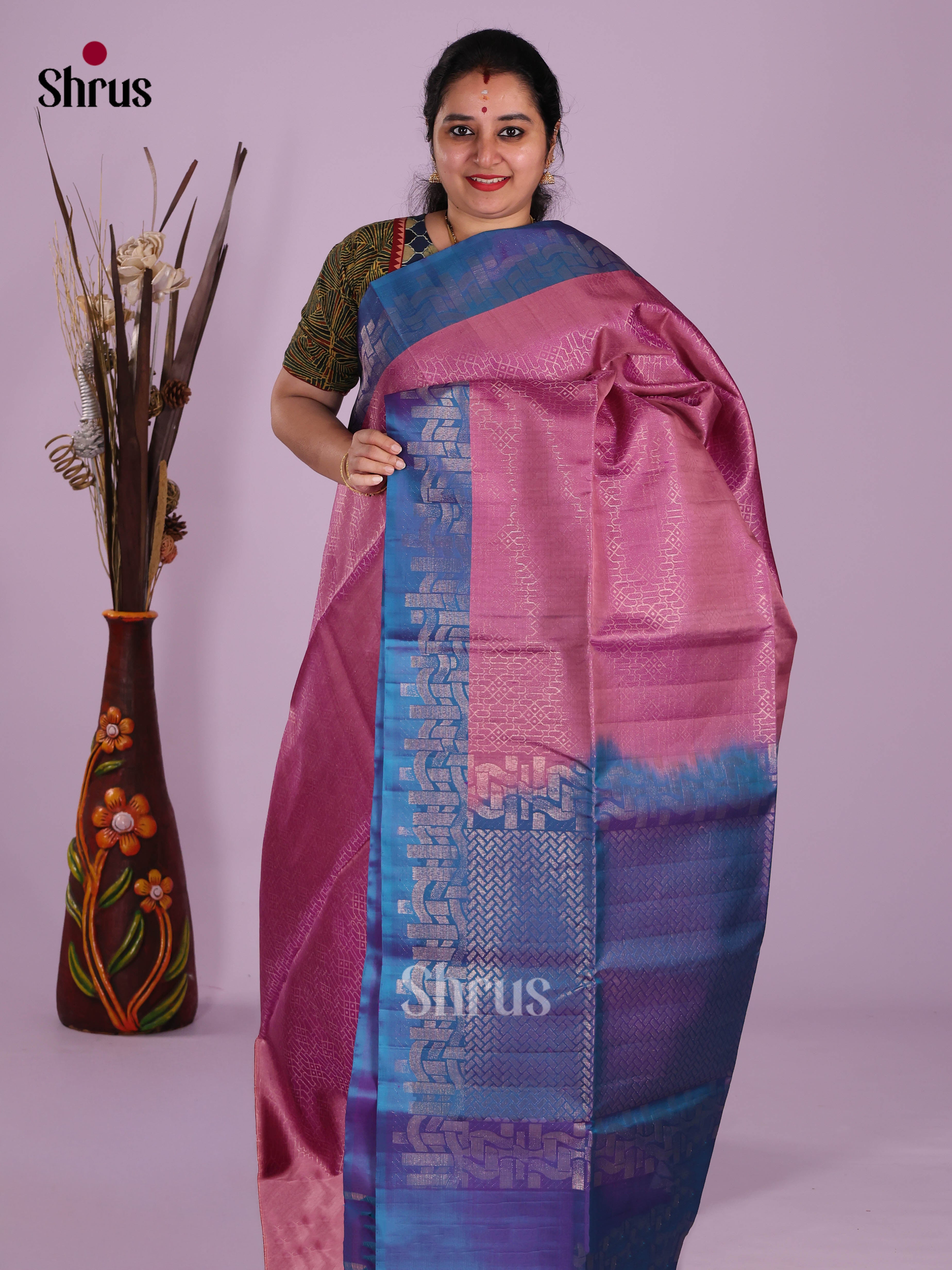 Gorgeous Pastel Pink Soft Silk Saree with Zari Brocade & Contrast Blue Zari Border
