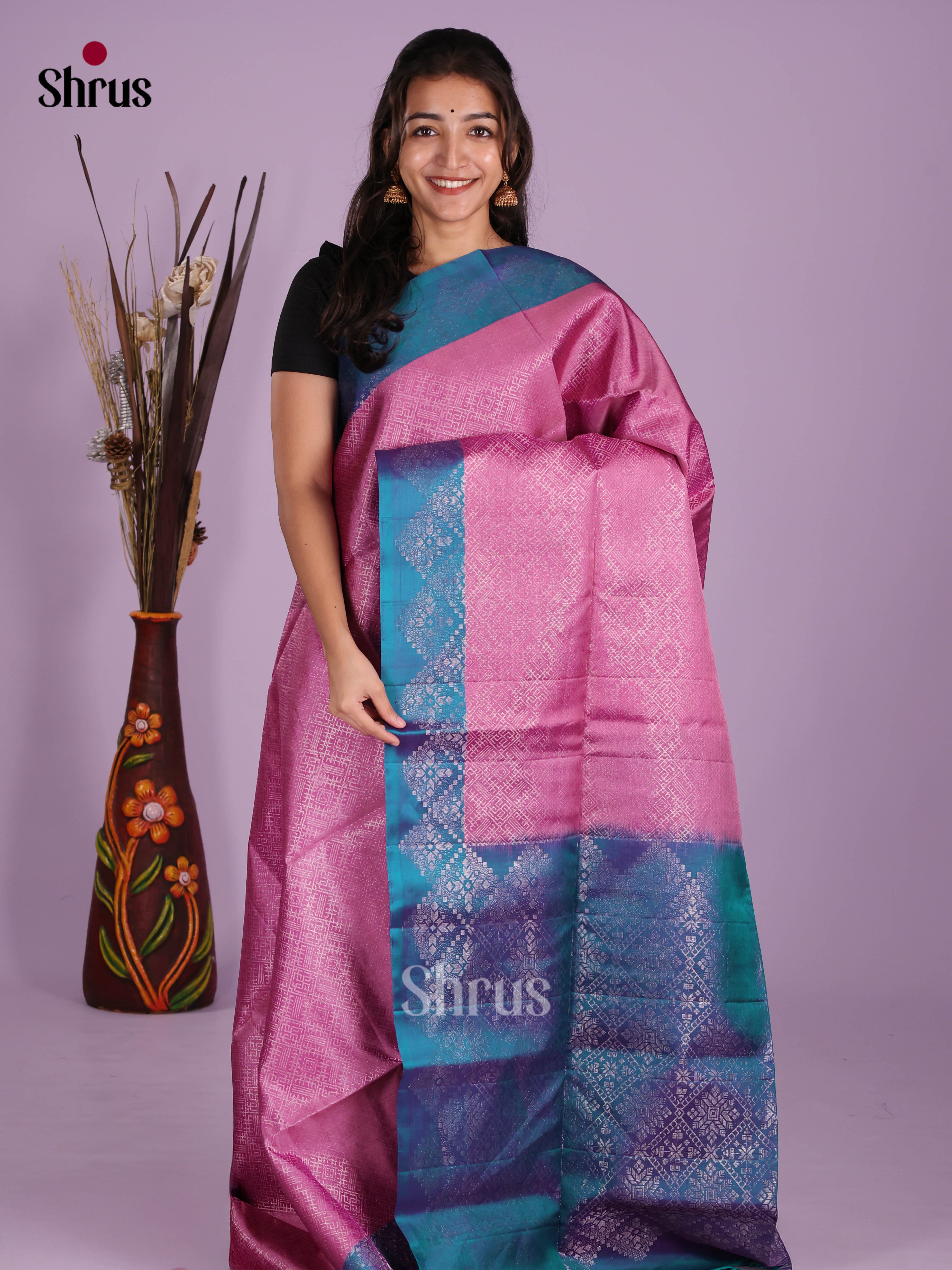 Charming Pink & Blue Soft Silk Saree with zari floral brocade & rich border
