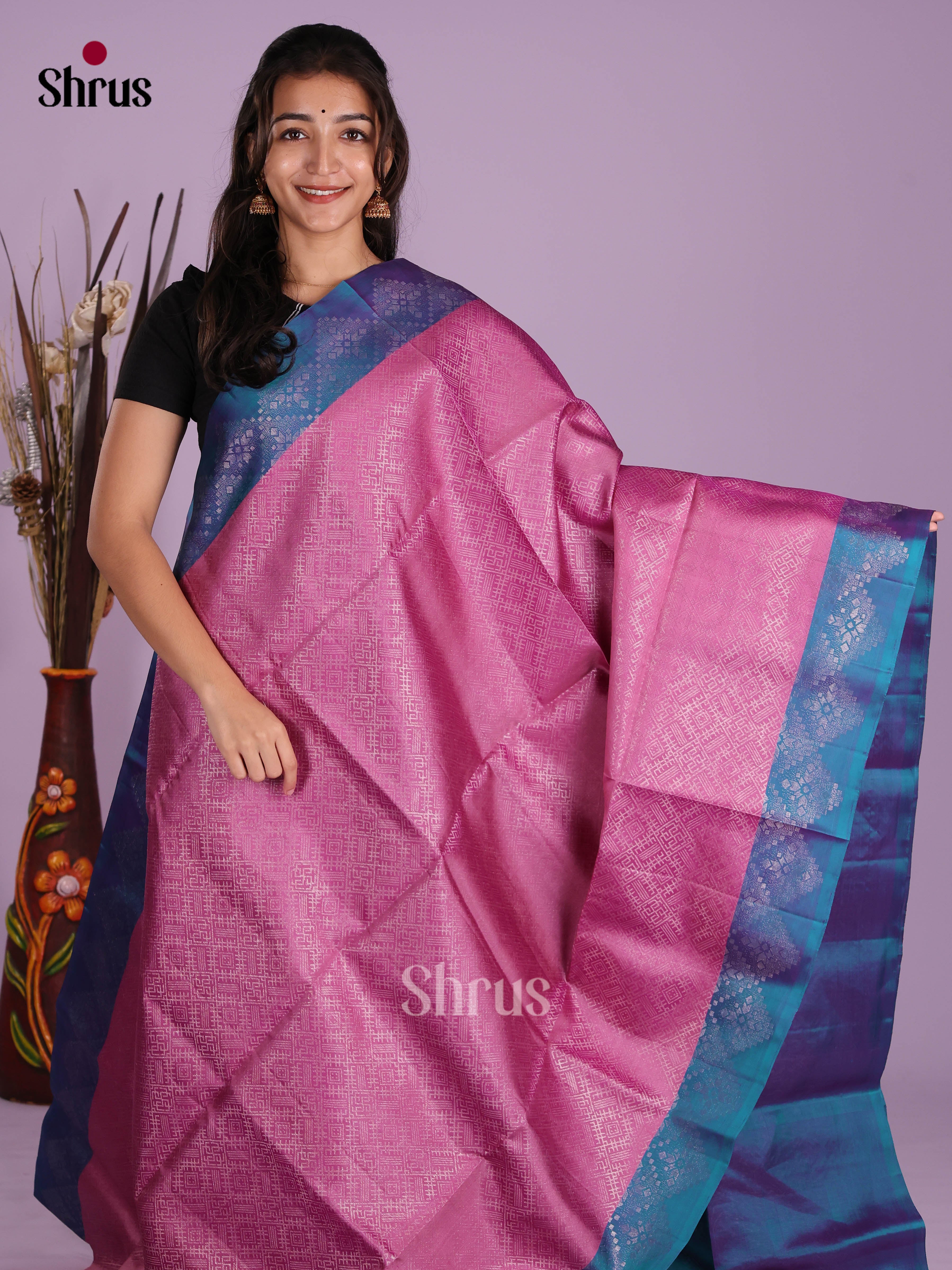 Charming Pink & Blue Soft Silk Saree with zari floral brocade & rich border