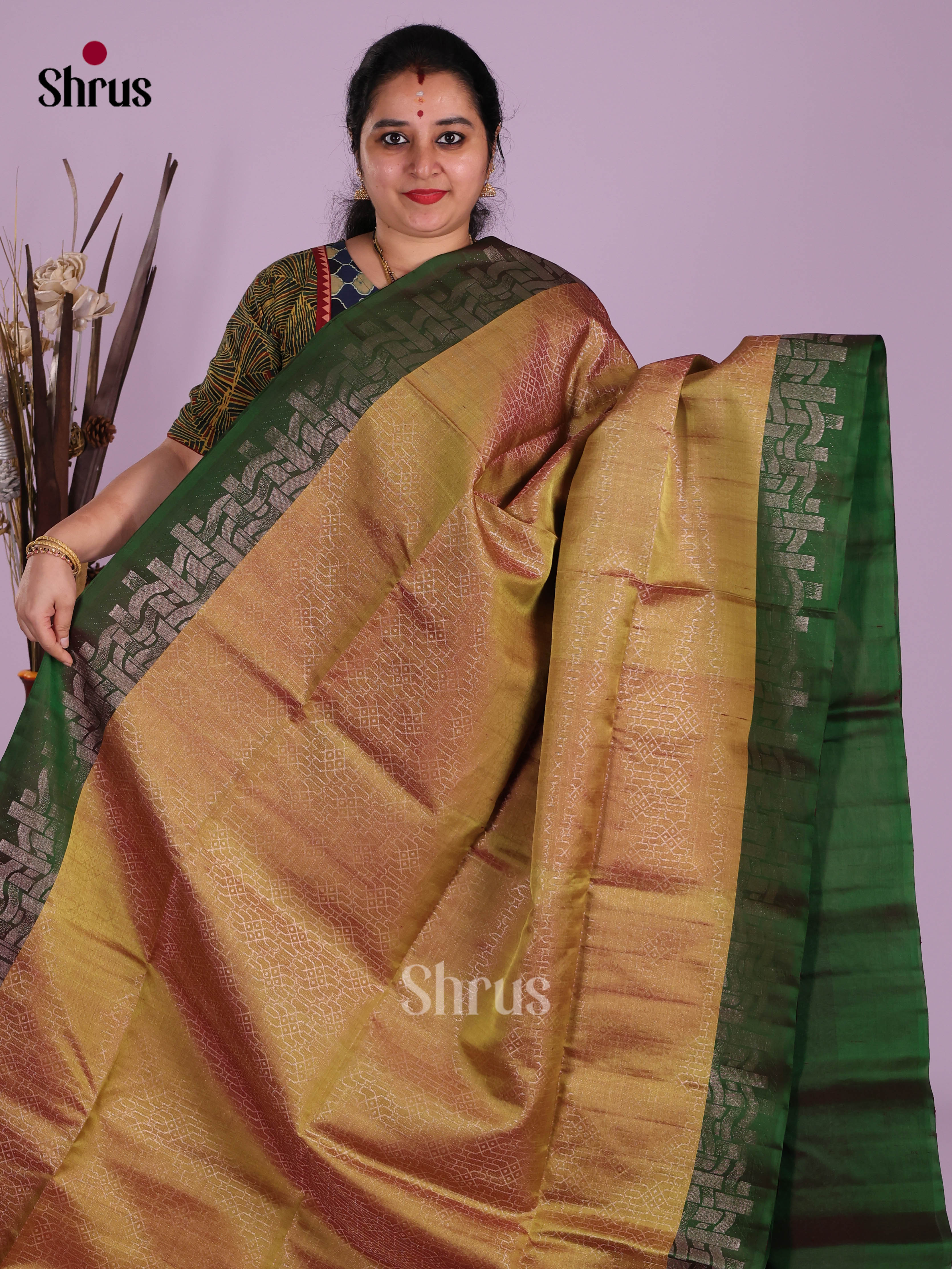 Lustrous Mustardy Green & green Soft Silk Saree with zari brocade & brocade pallu