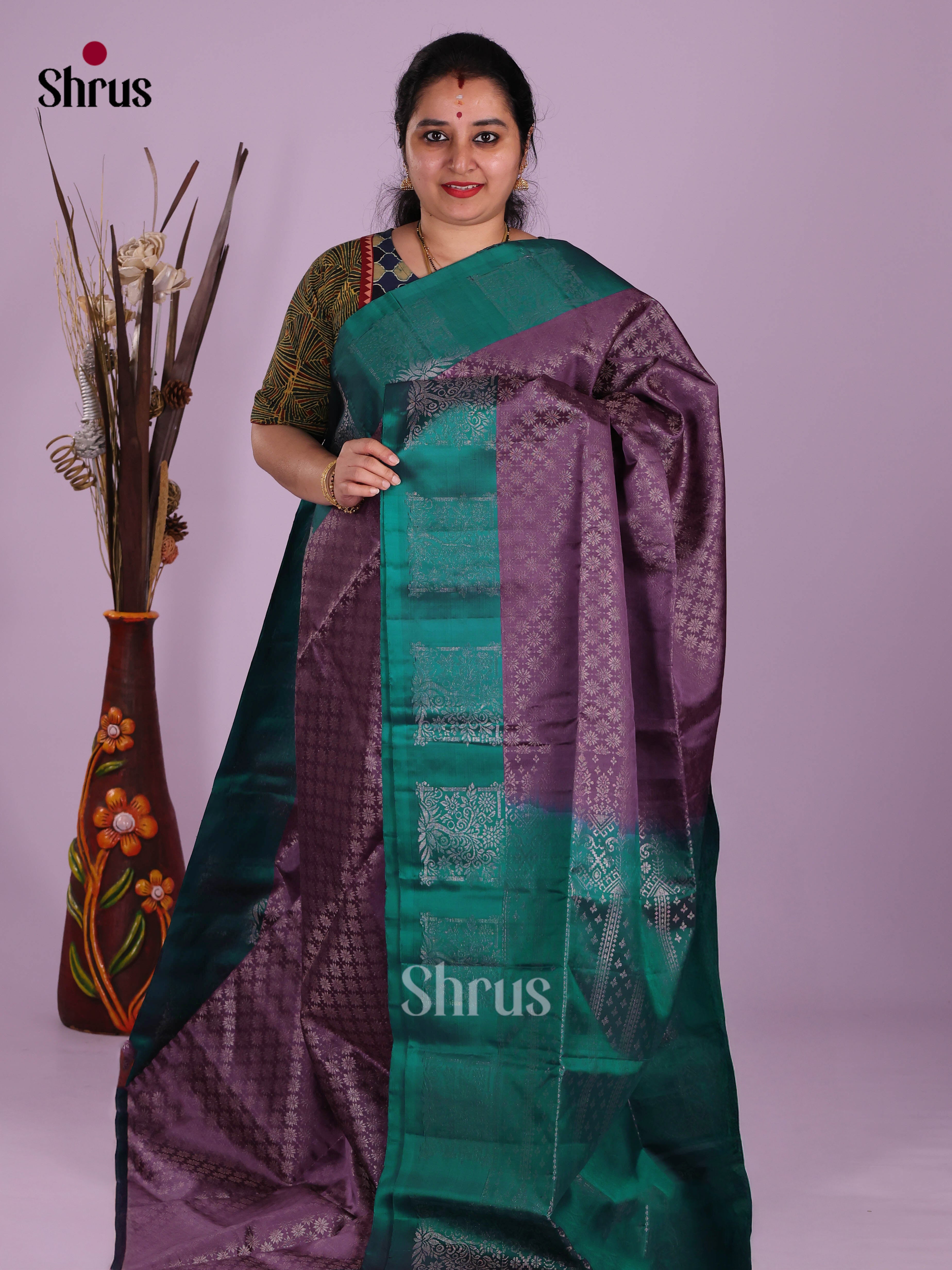 Majestic Violet & Green Soft Silk Saree with zari floral brocade & block motifs border