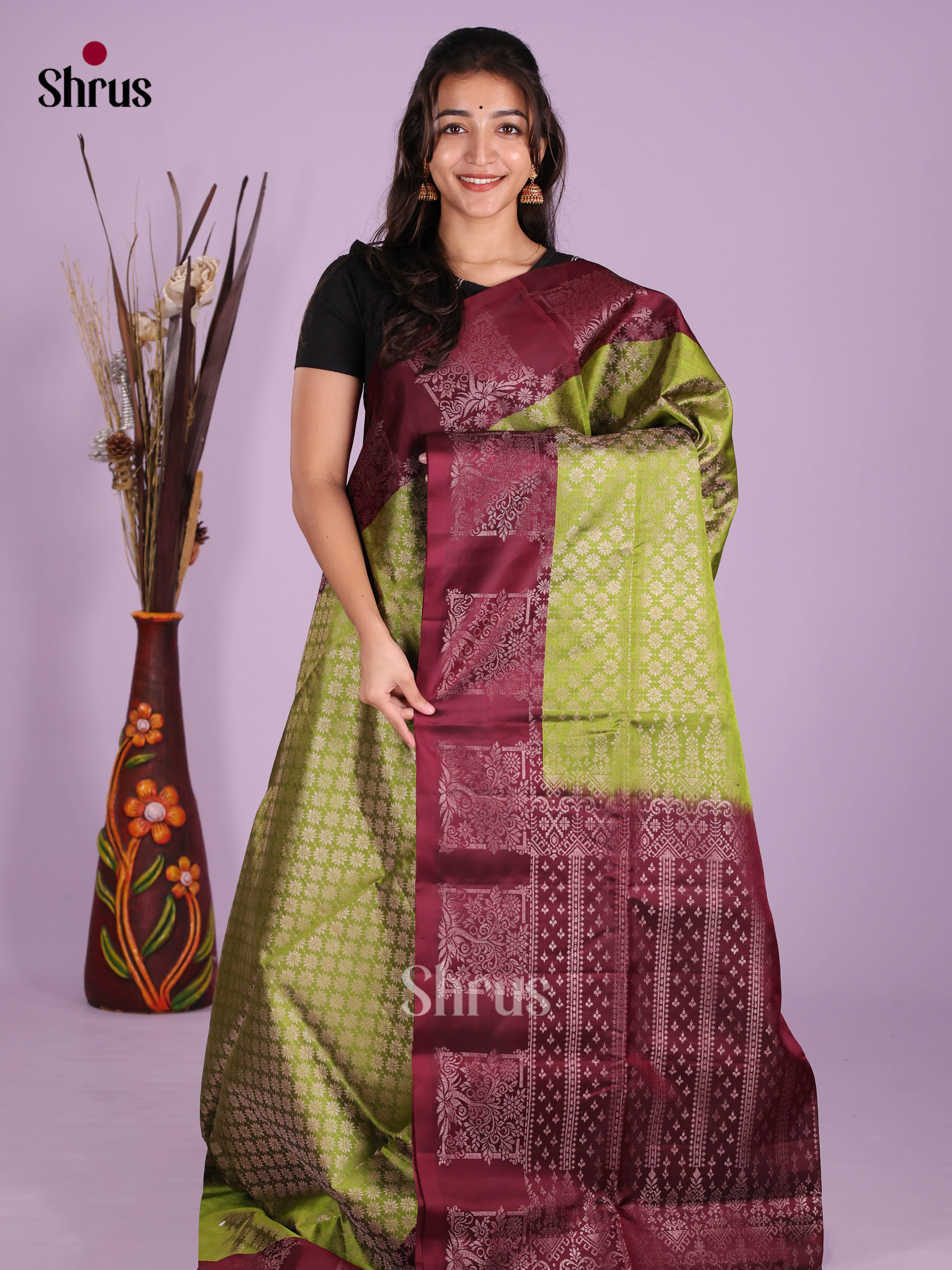 Classic Green & Maroon Soft Silk  Saree with floral buttas brocade