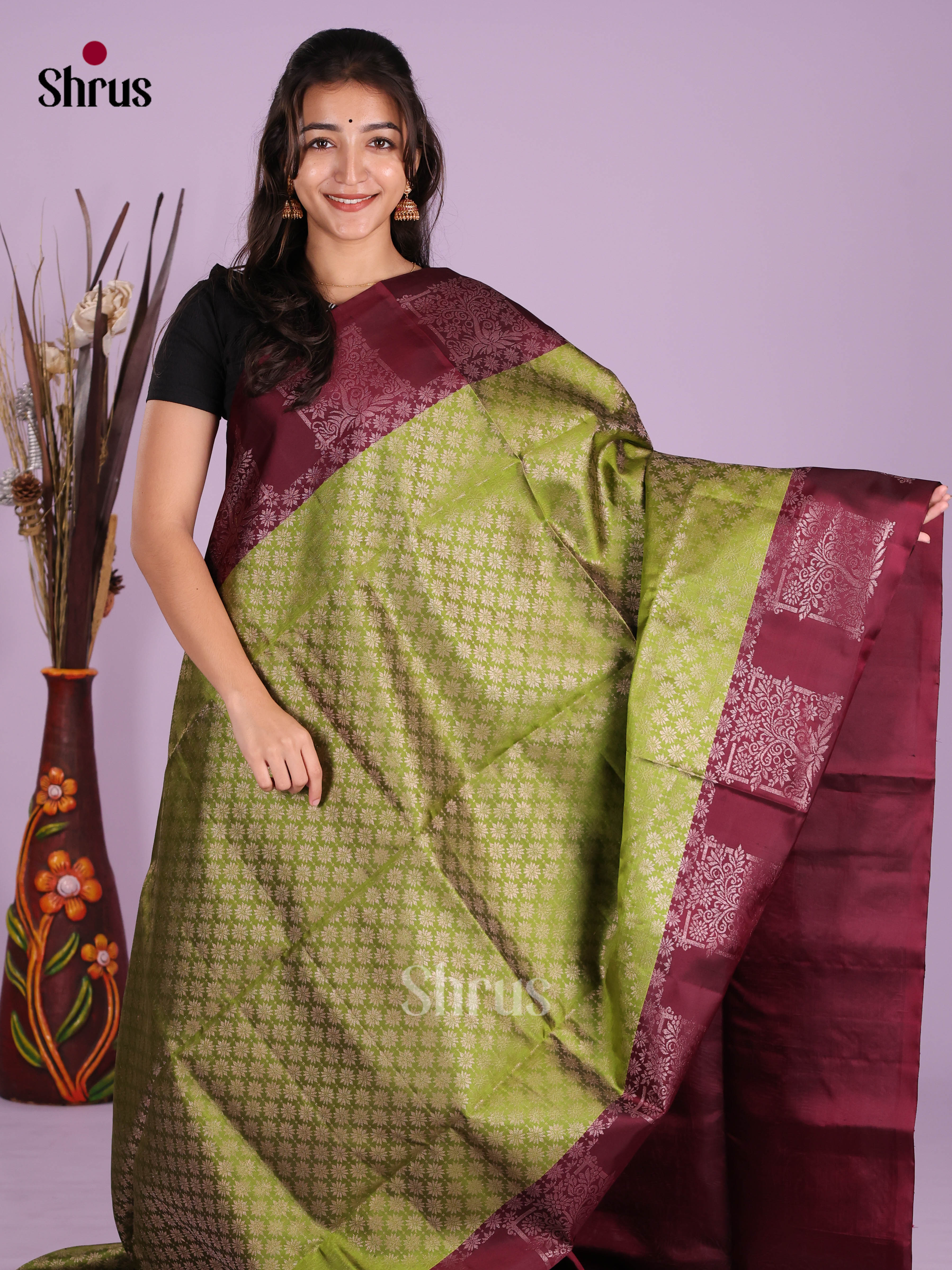 Classic Green & Maroon Soft Silk  Saree with floral buttas brocade