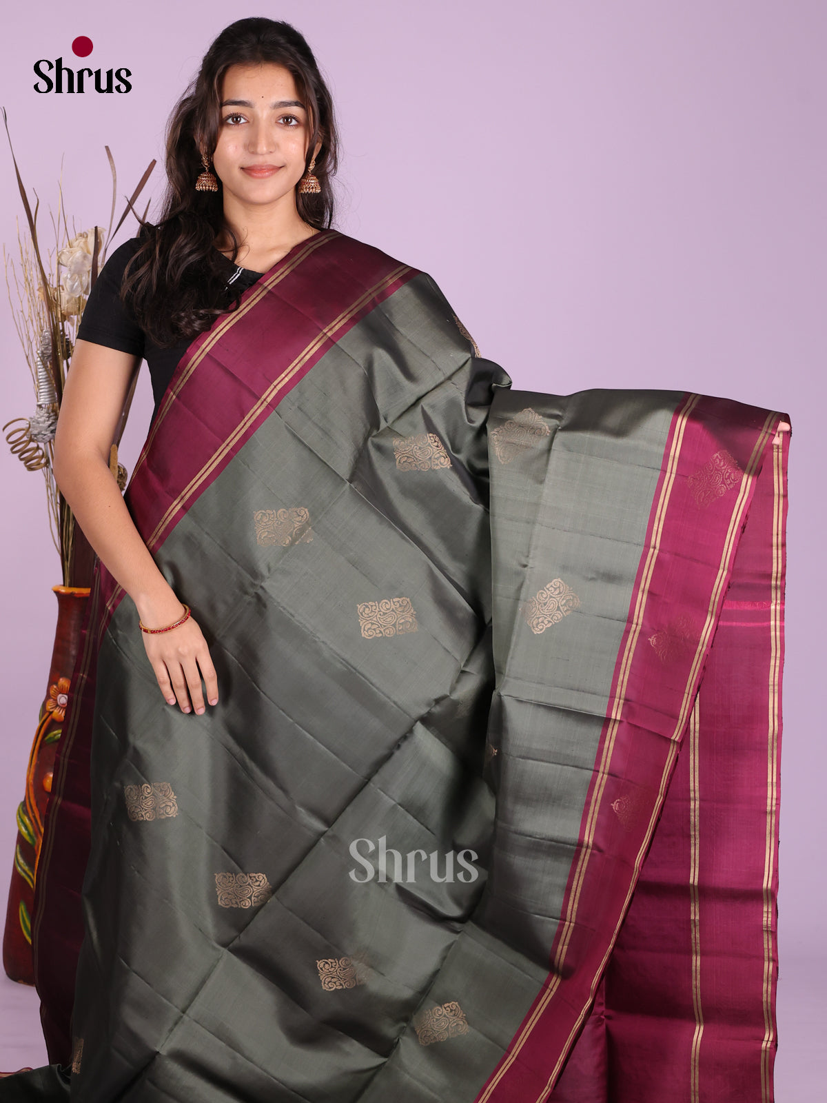 Grey &  Maroon - Softsilk-halfpure Saree