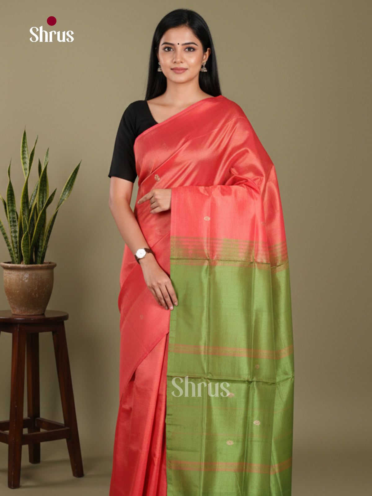 Orange & Green - Banana Pith without blouse Saree