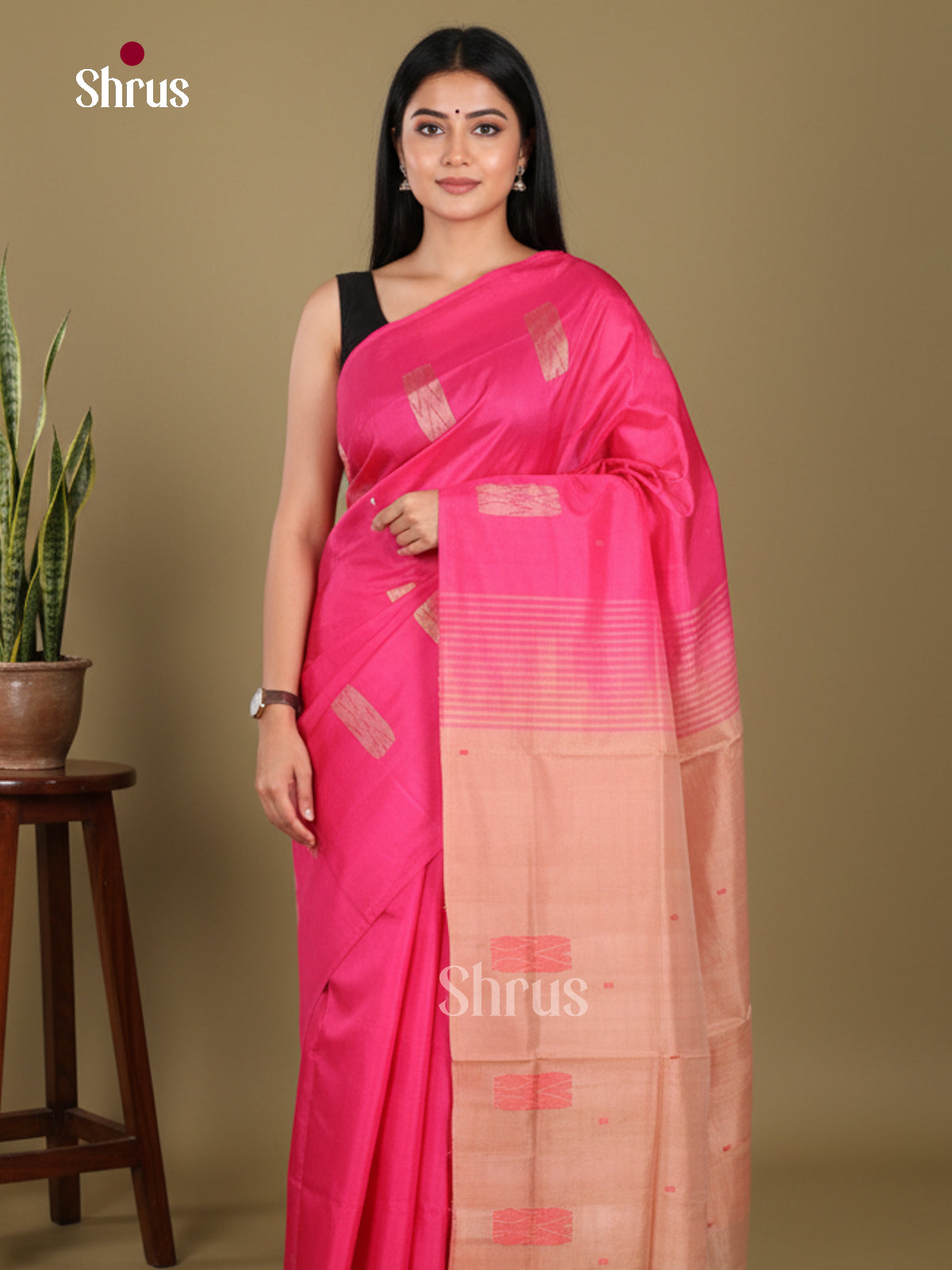 Pink & Beige- Banana Pith without blouse Saree