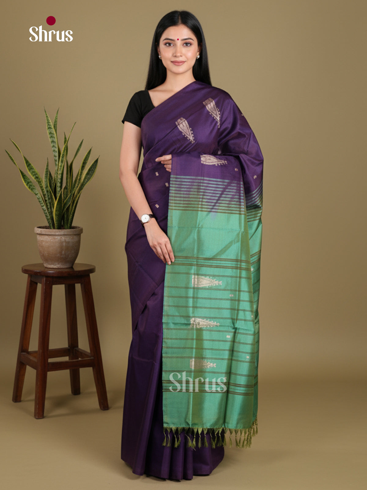 Violet & Green - Banana Pith without blouse Saree