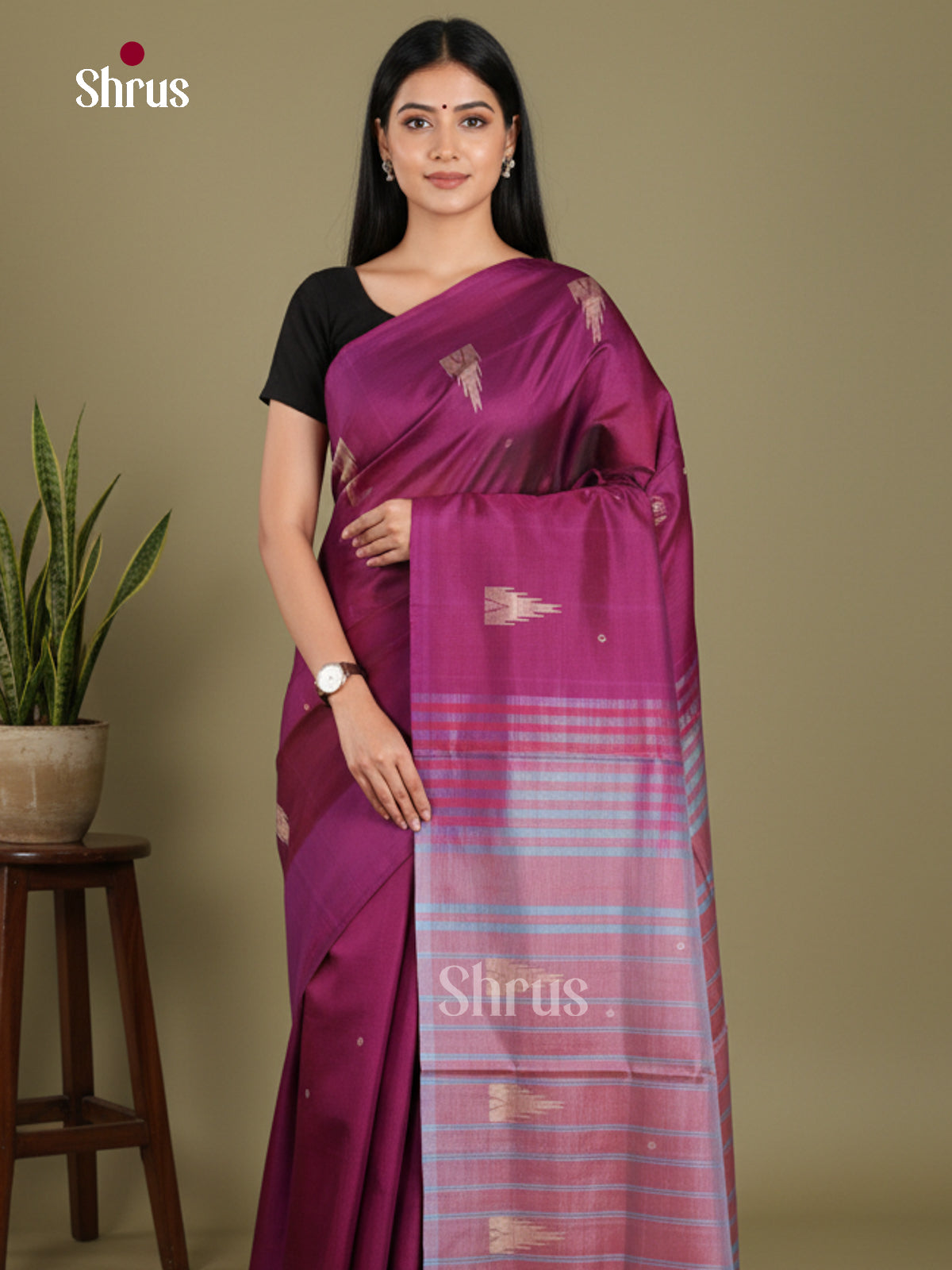 Purple  & Double Shaded Blue  - Banana Pith without blouse Saree - Shop on Shrus.com