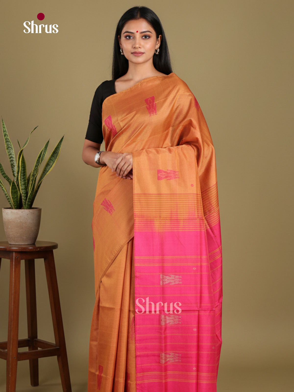 Dark Mustard & Pink- Banana Pith without blouse Saree