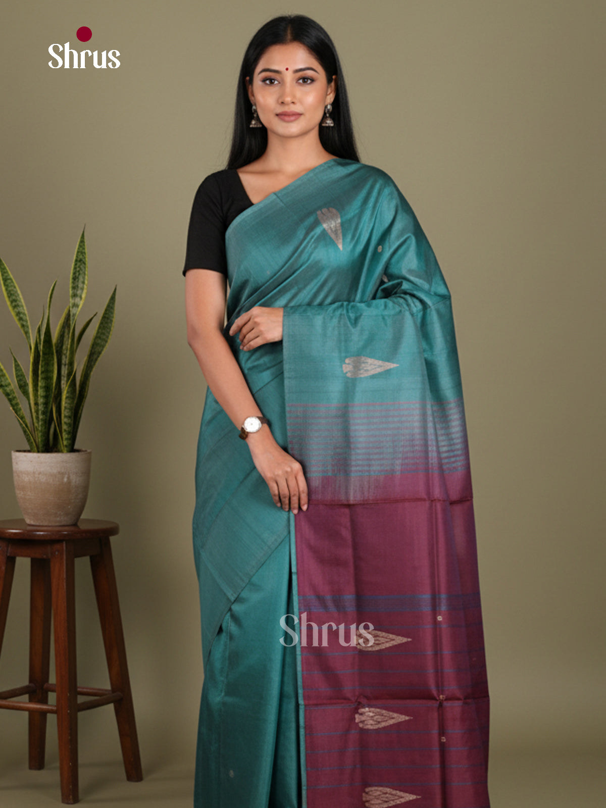 Blue & Maroon - Banana Pith without blouse Saree
