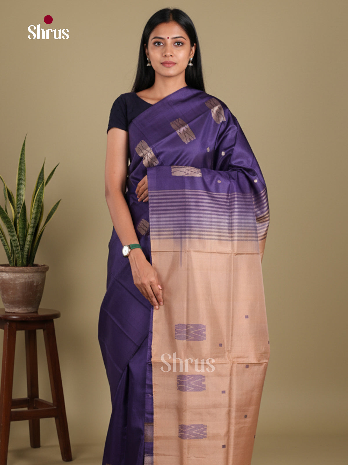 Blue & Beige - Banana Pith without blouse Saree