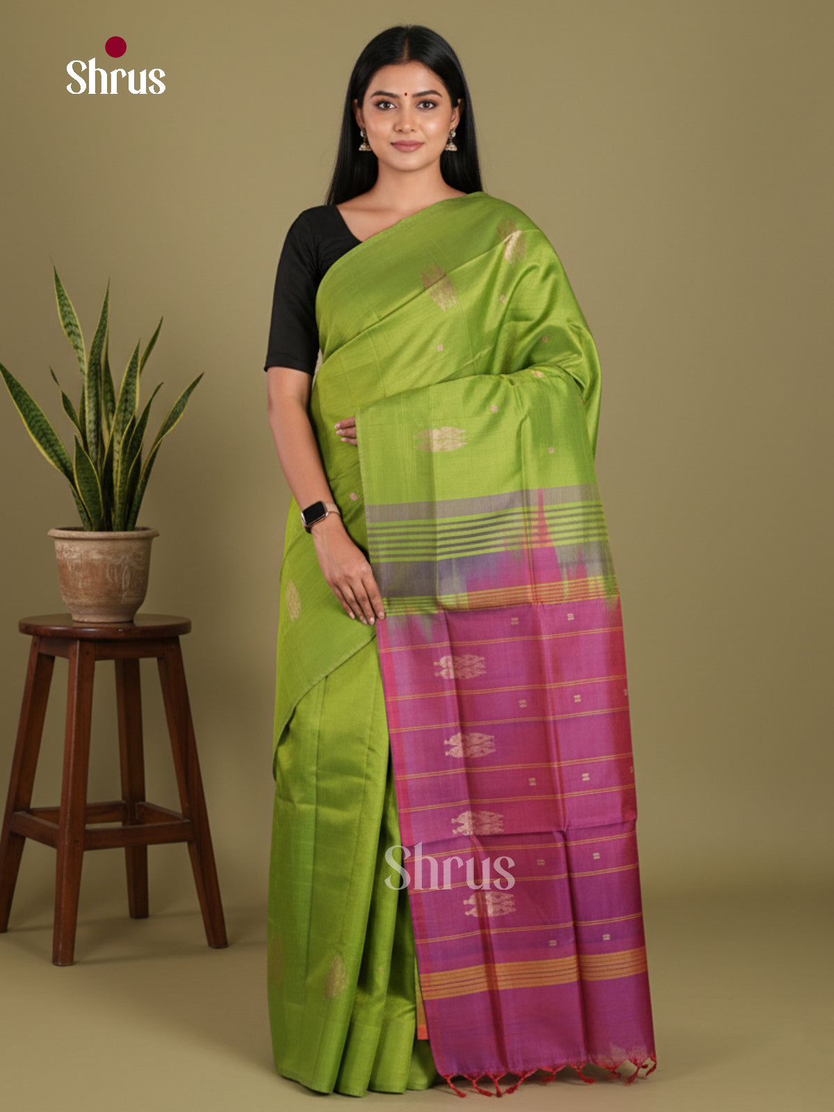 Green  & Purple - Banana Pith without blouse Saree
