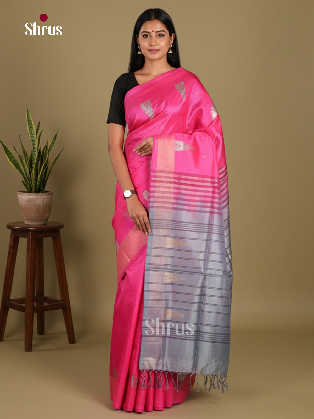Pink & Grey - Banana Pith without blouse Saree