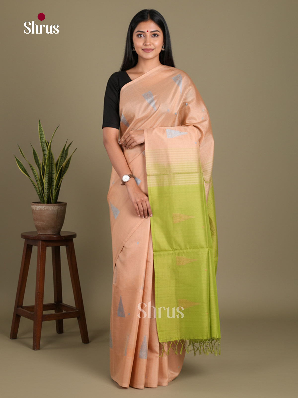 Peach & Light Green - Banana Pith without blouse Saree