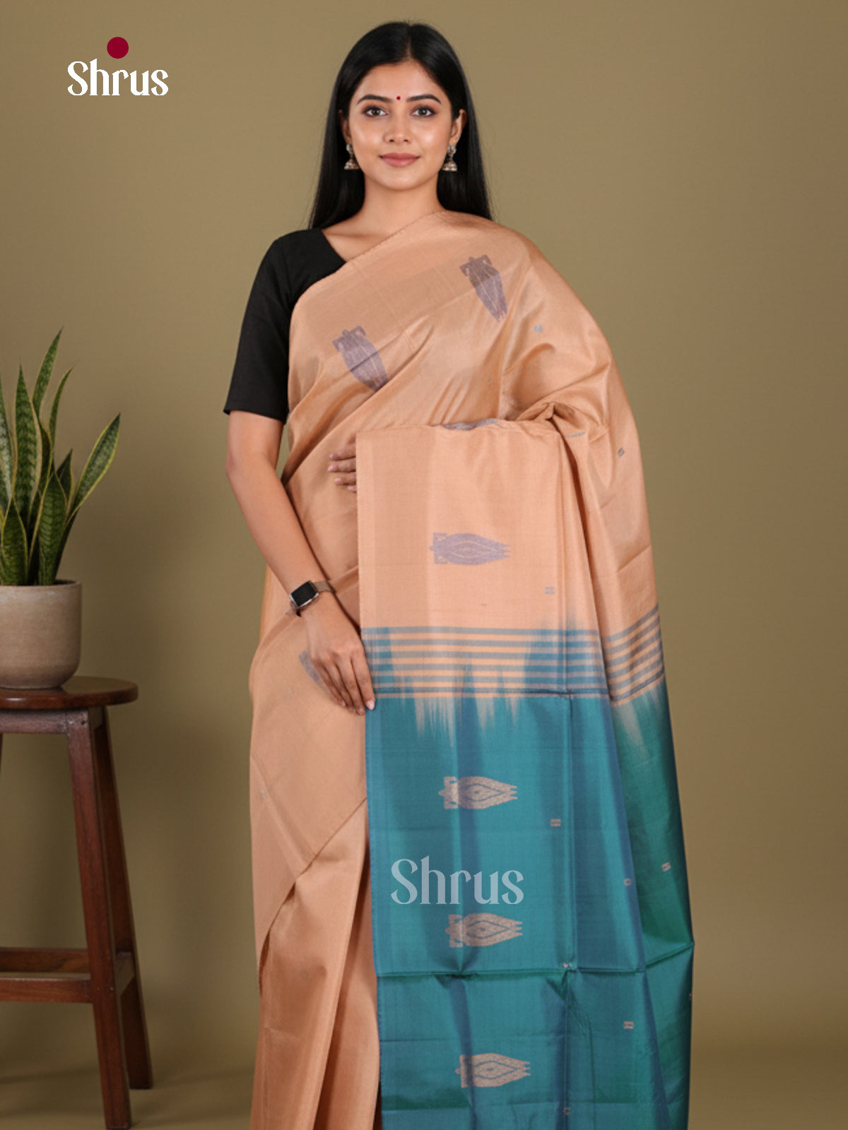 Peach & Blue - Banana Pith without blouse Saree