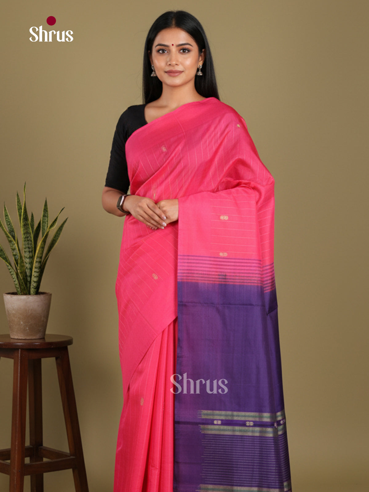 Pink  & Blue - Banana Pith without blouse Saree - Shop on Shrus.com
