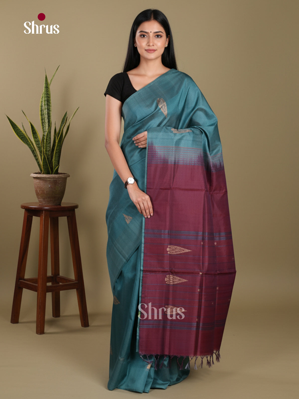Blue & maroon - Banana Pith without blouse Saree