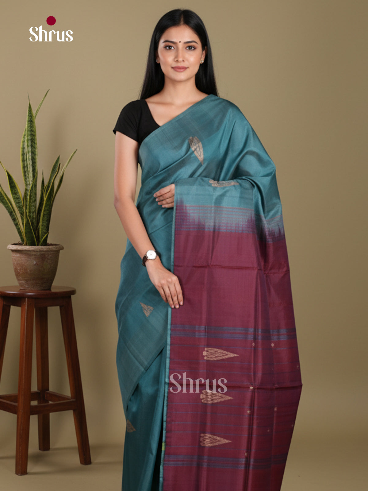 Blue & maroon - Banana Pith without blouse Saree