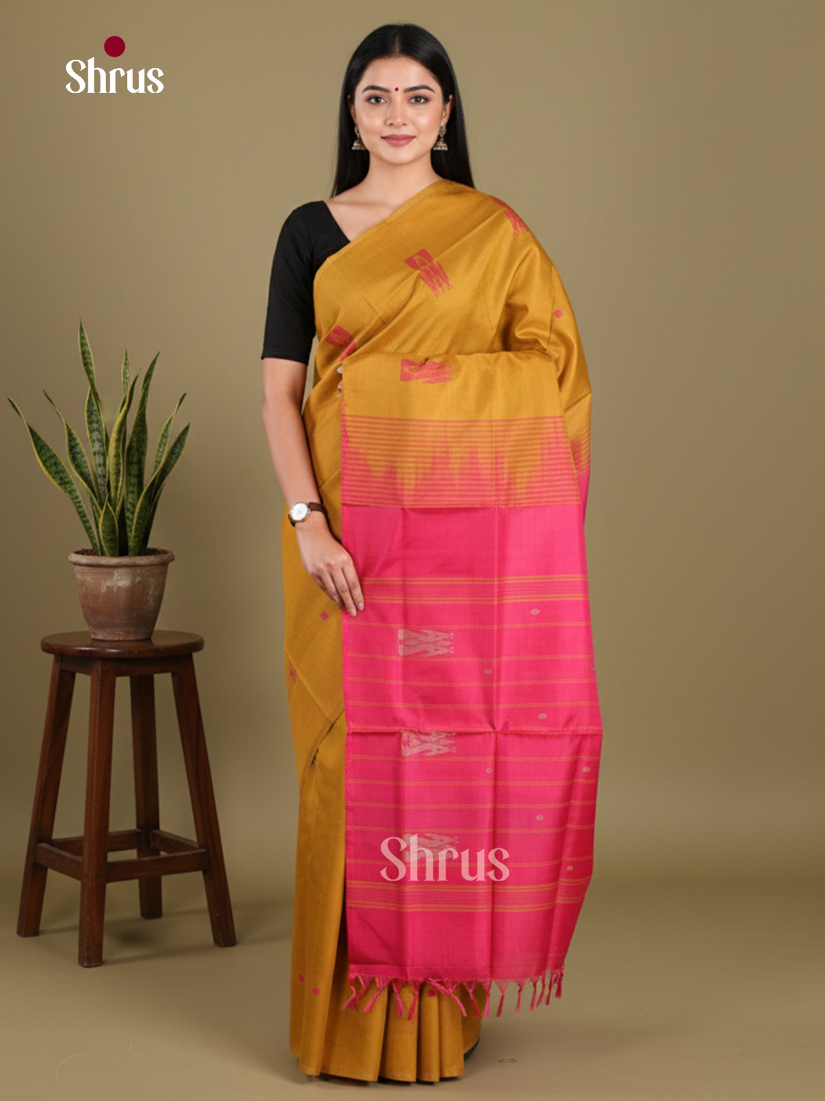 Mustard & Pink - Banana Pith without blouse Saree