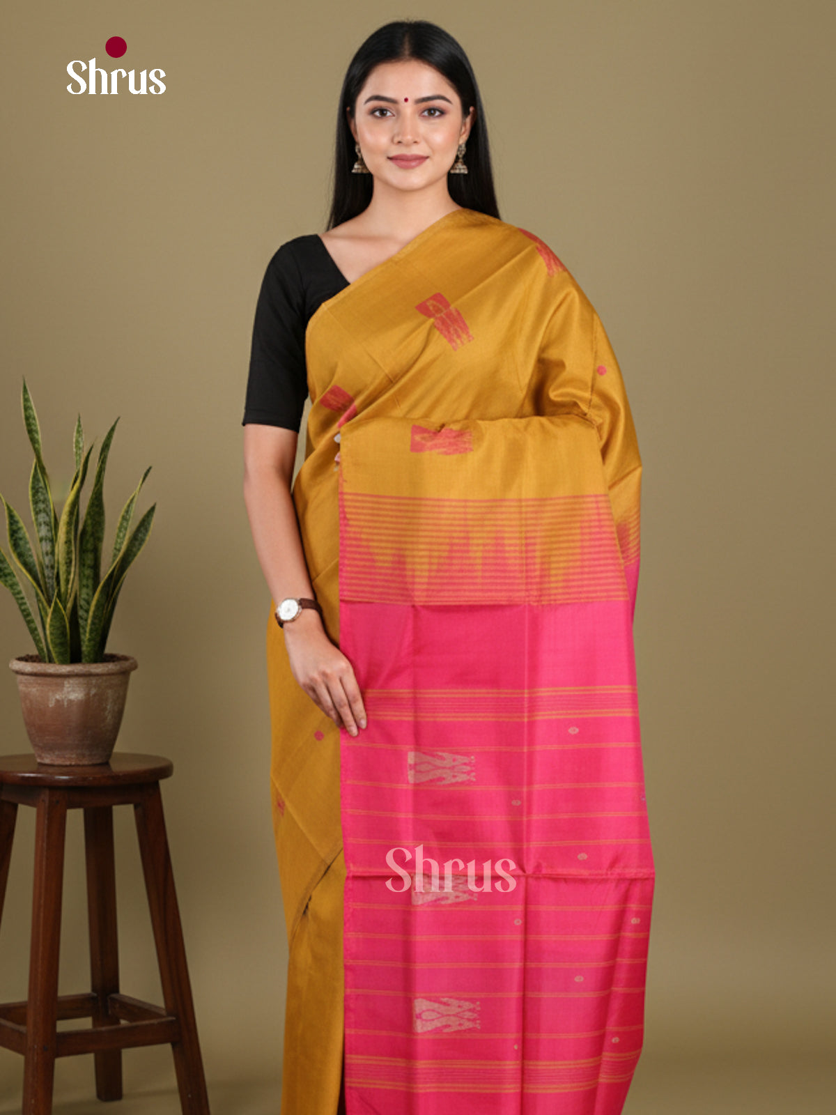 Mustard & Pink - Banana Pith without blouse Saree