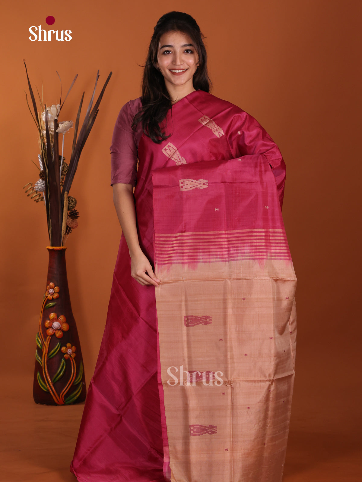 Red & Brown- Banana Pith without blouse Saree - Shop on Shrus.com