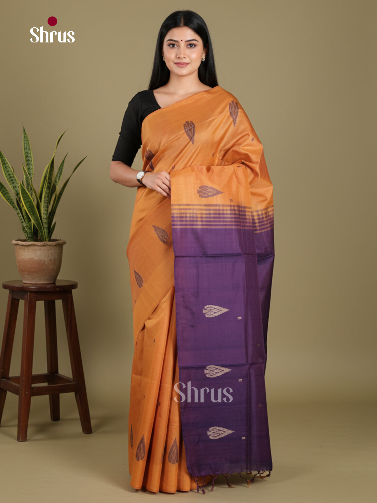 Orange & Blue- Banana Pith without blouse Saree - Shop on Shrus.com