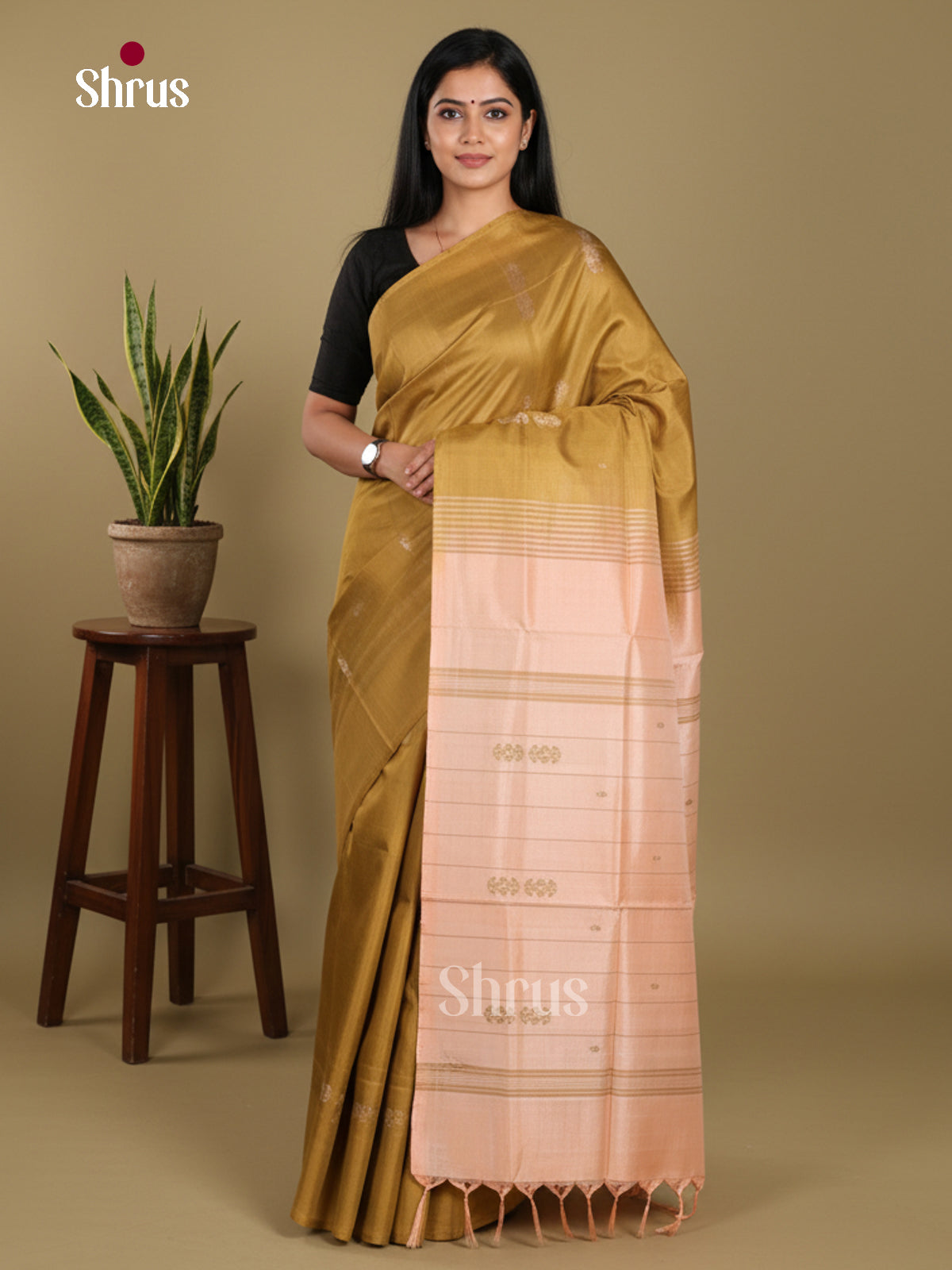 Mehandi & Peach - Banana Pith without blouse Saree