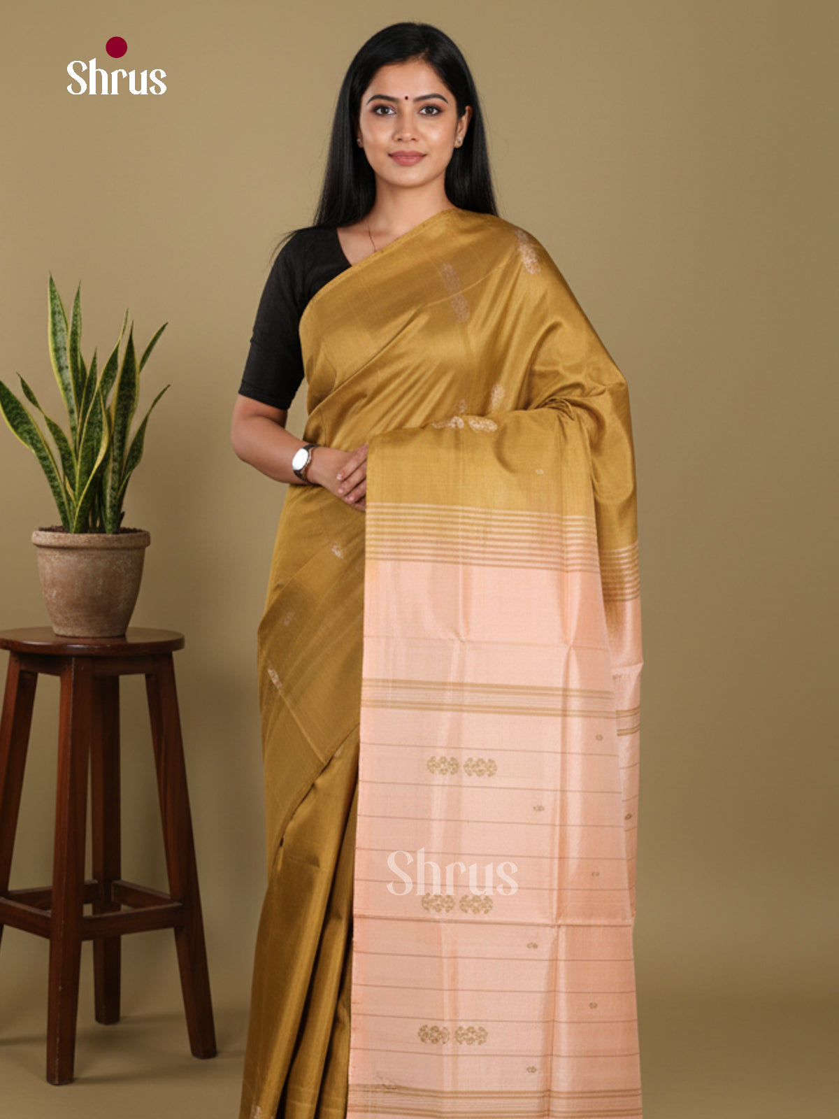 Mehandi & Peach - Banana Pith without blouse Saree