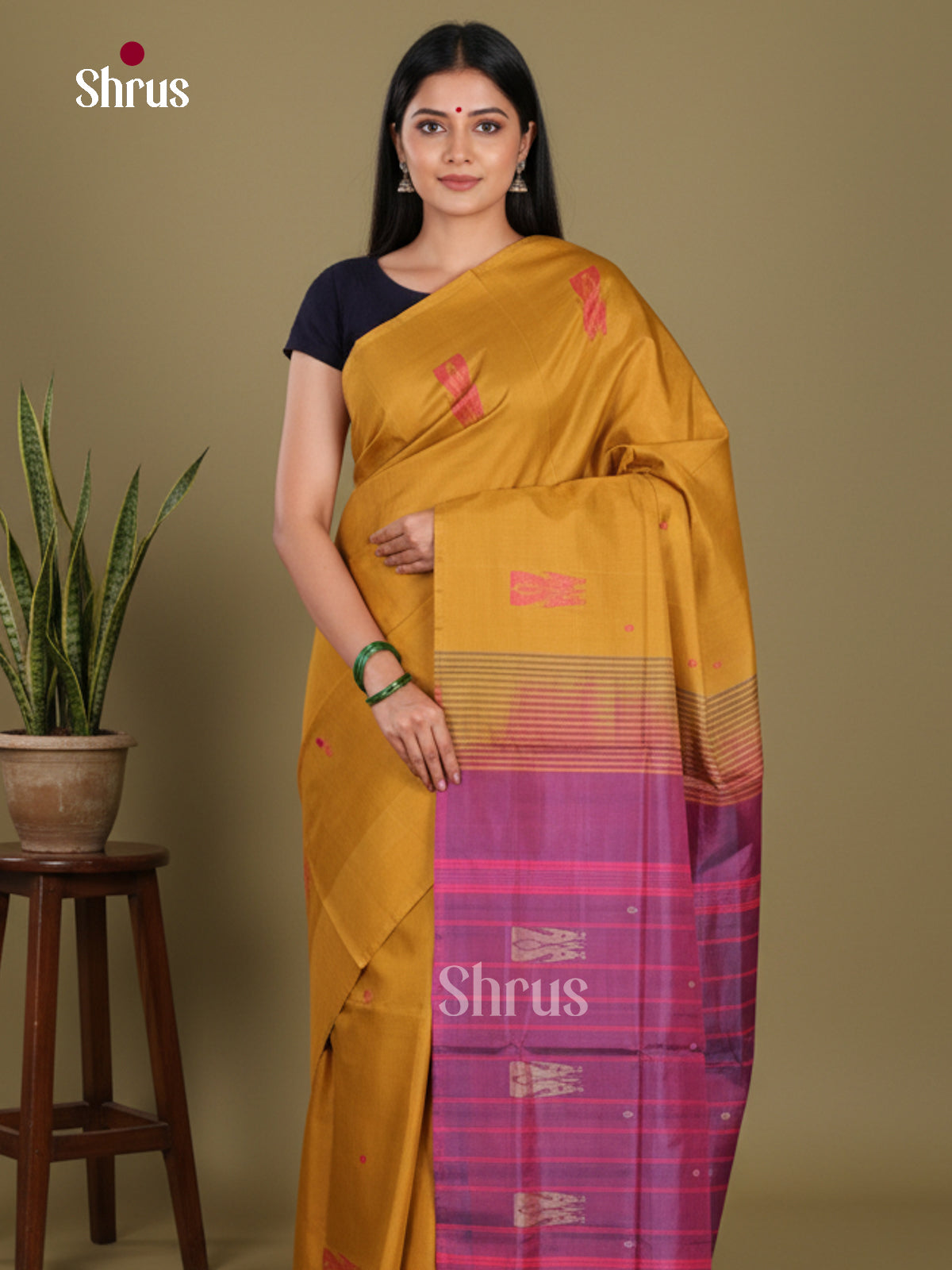 Mustard & Purple- Banana Pith without blouse Saree - Shop on Shrus.com