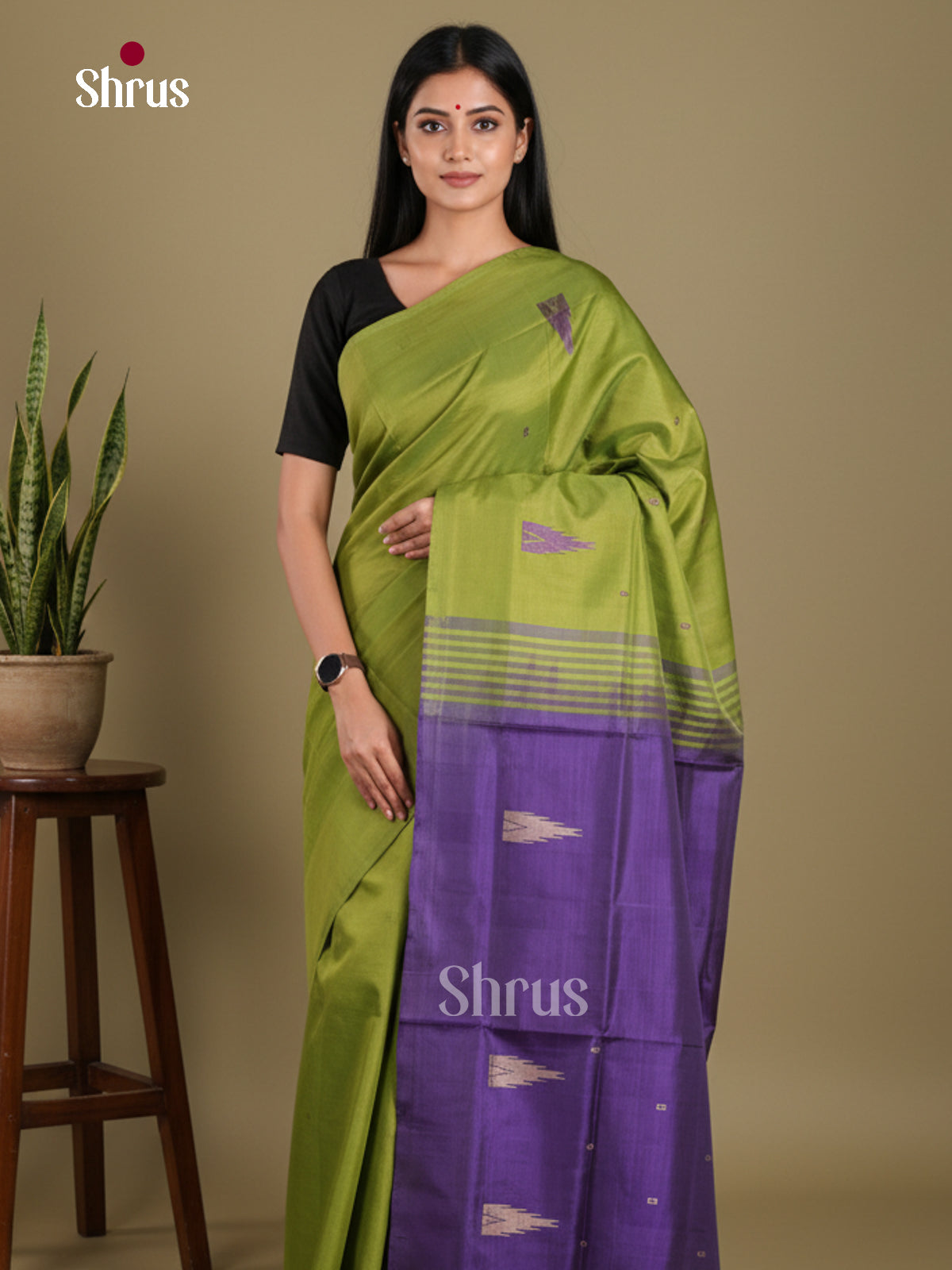 Green &  Violet - Banana Pith without blouse Saree