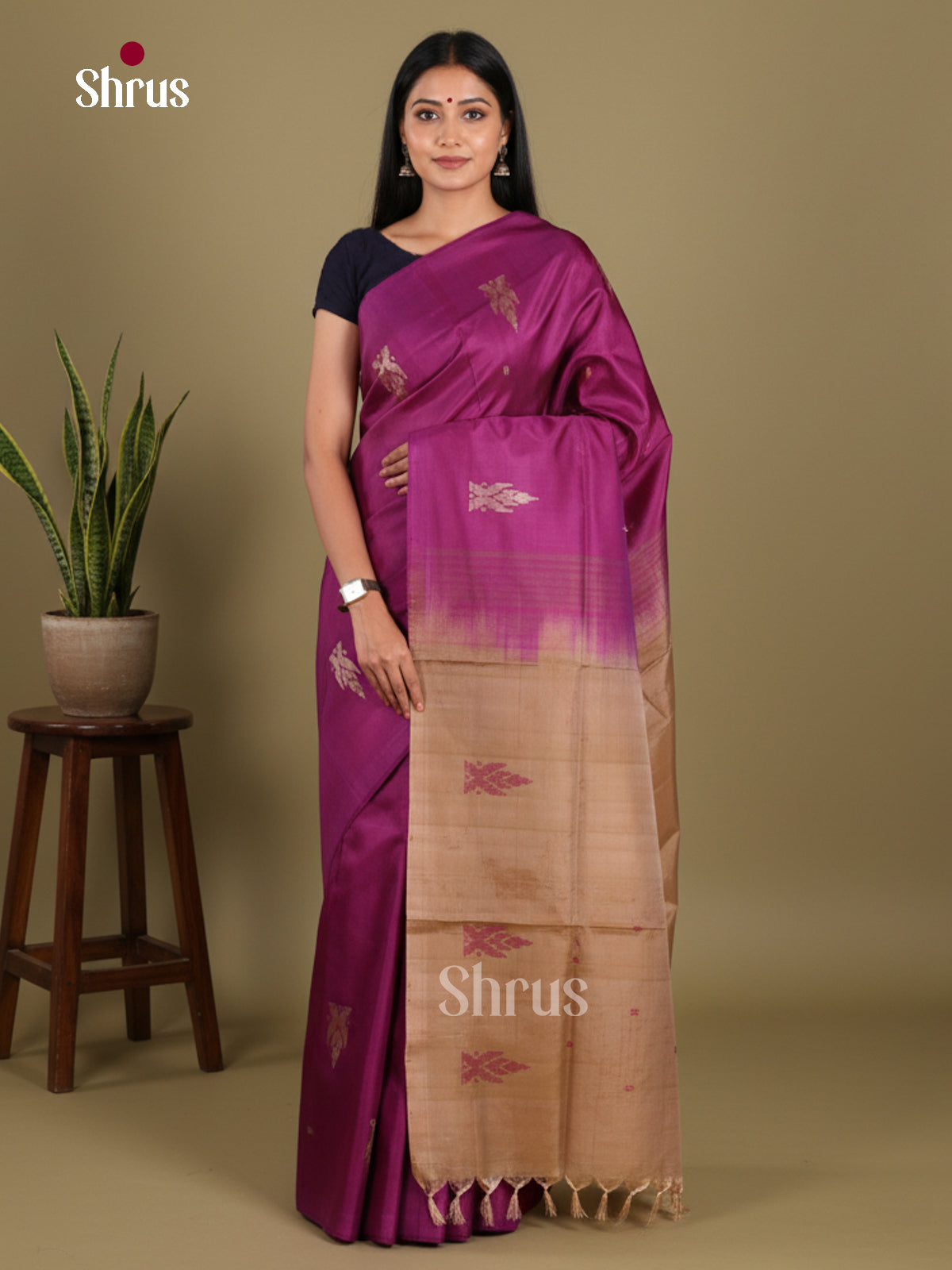 Purple & Brown  - Banana Pith without blouse Saree