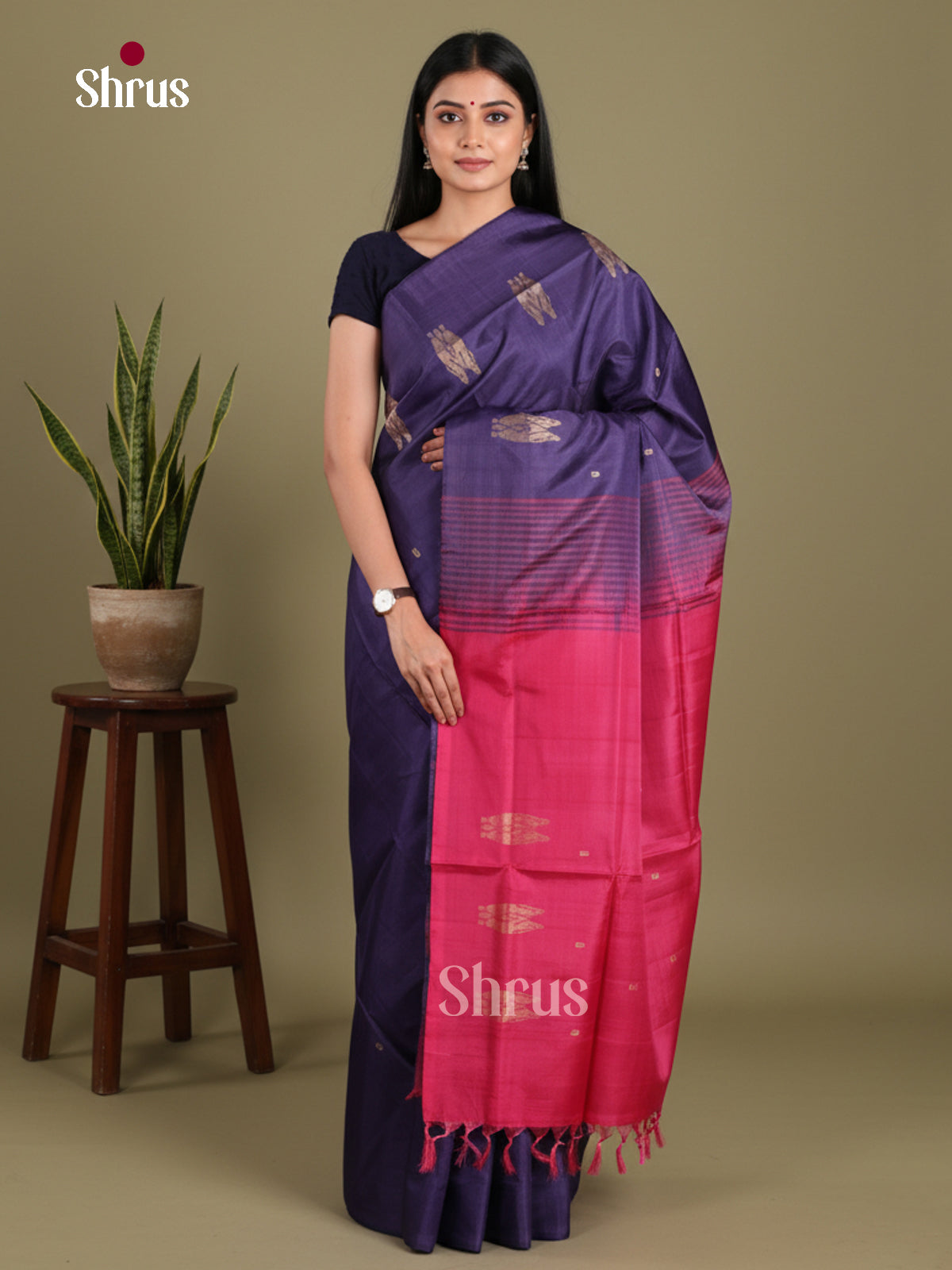 Blue & Maroon - Banana Pith without blouse Saree