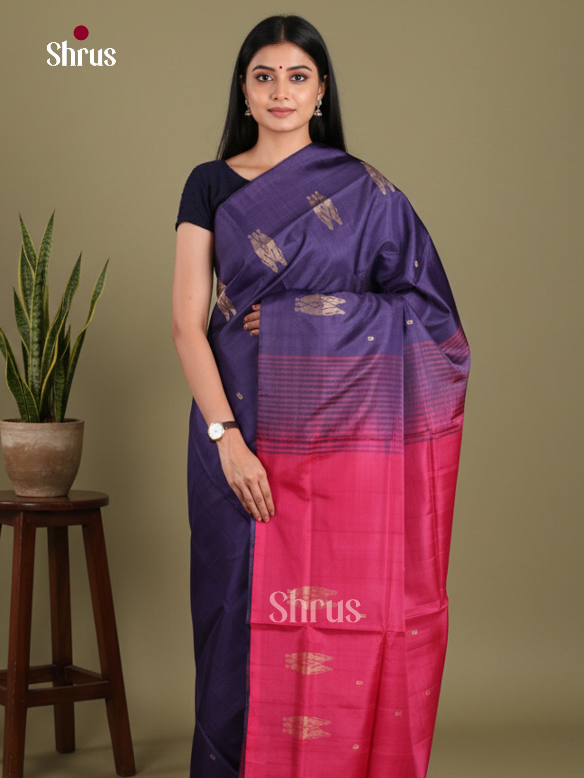 Blue & Maroon - Banana Pith without blouse Saree