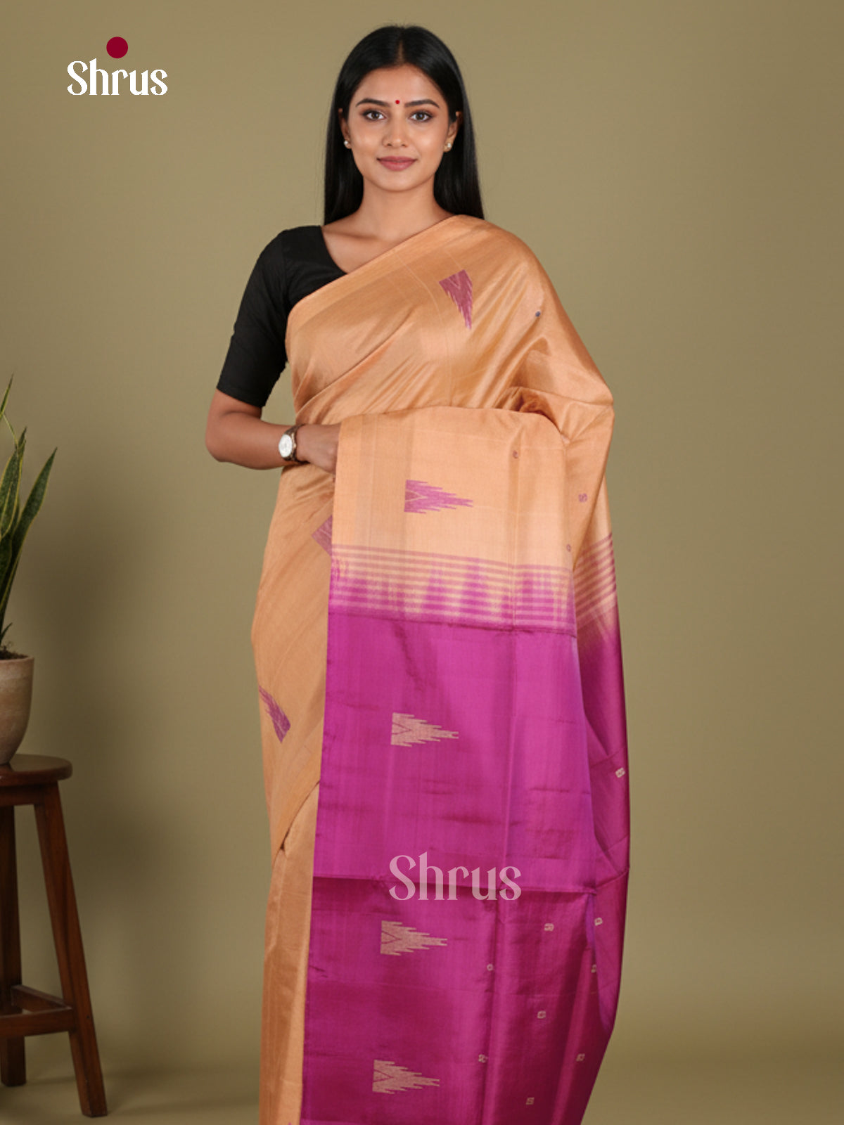 Peach & Purple - Banana Pith without blouse Saree