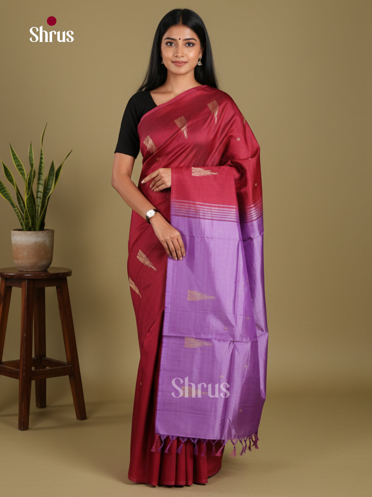 Maroon & Purple - Banana Pith without blouse Saree