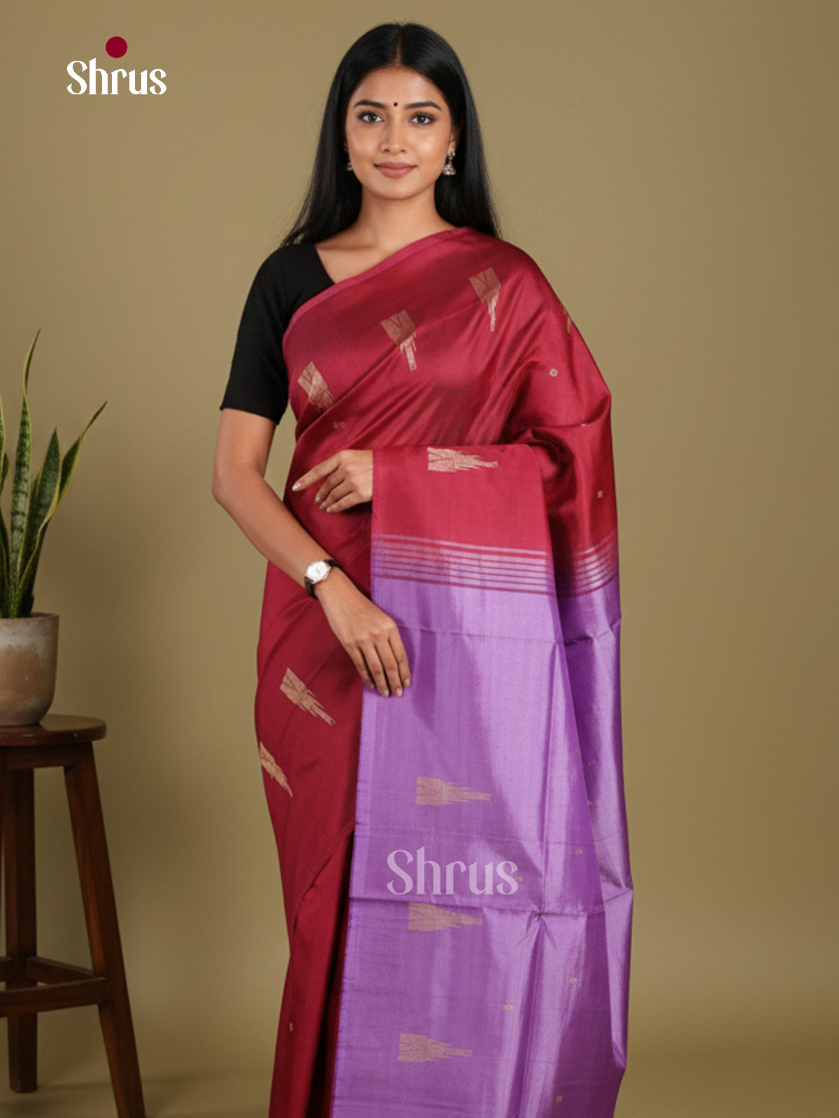 Maroon & Purple - Banana Pith without blouse Saree