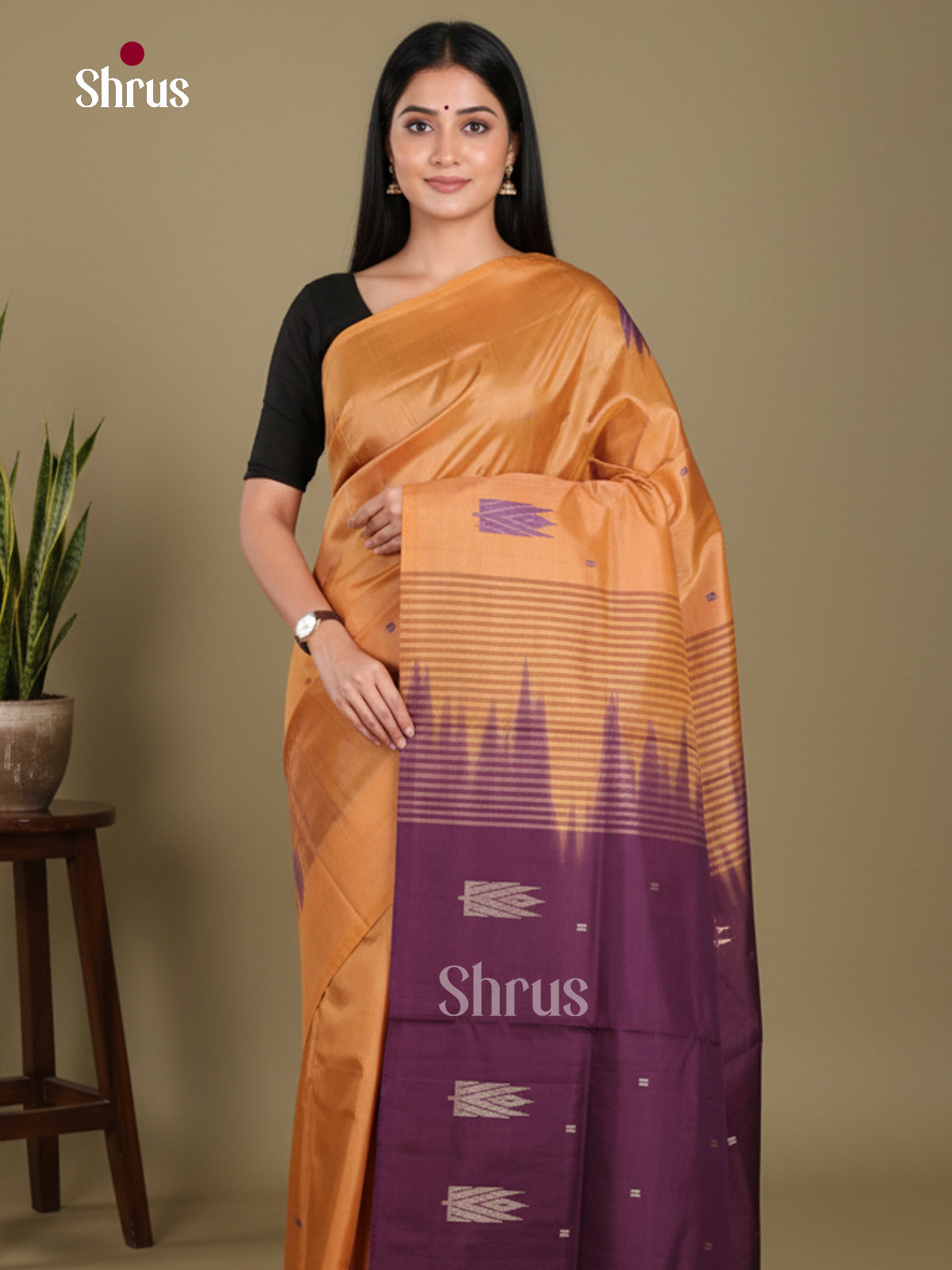 Dark Mustard & Purple- Banana Pith without blouse Saree