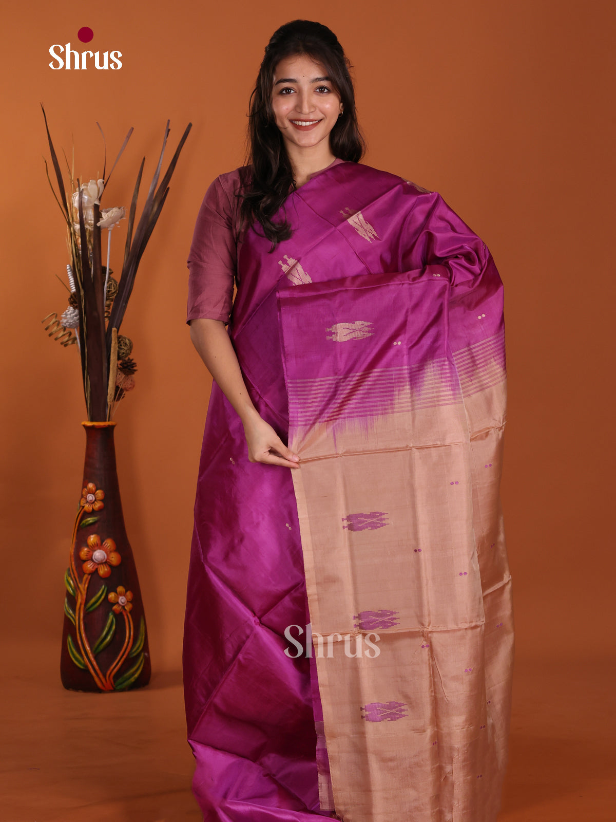 Purple & Brown - Banana Pith without blouse Saree