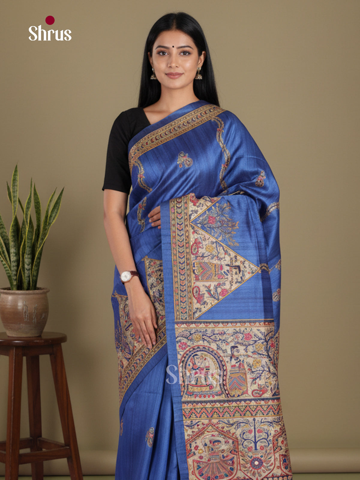 Blue & Cream- Printed Madhubani Saree