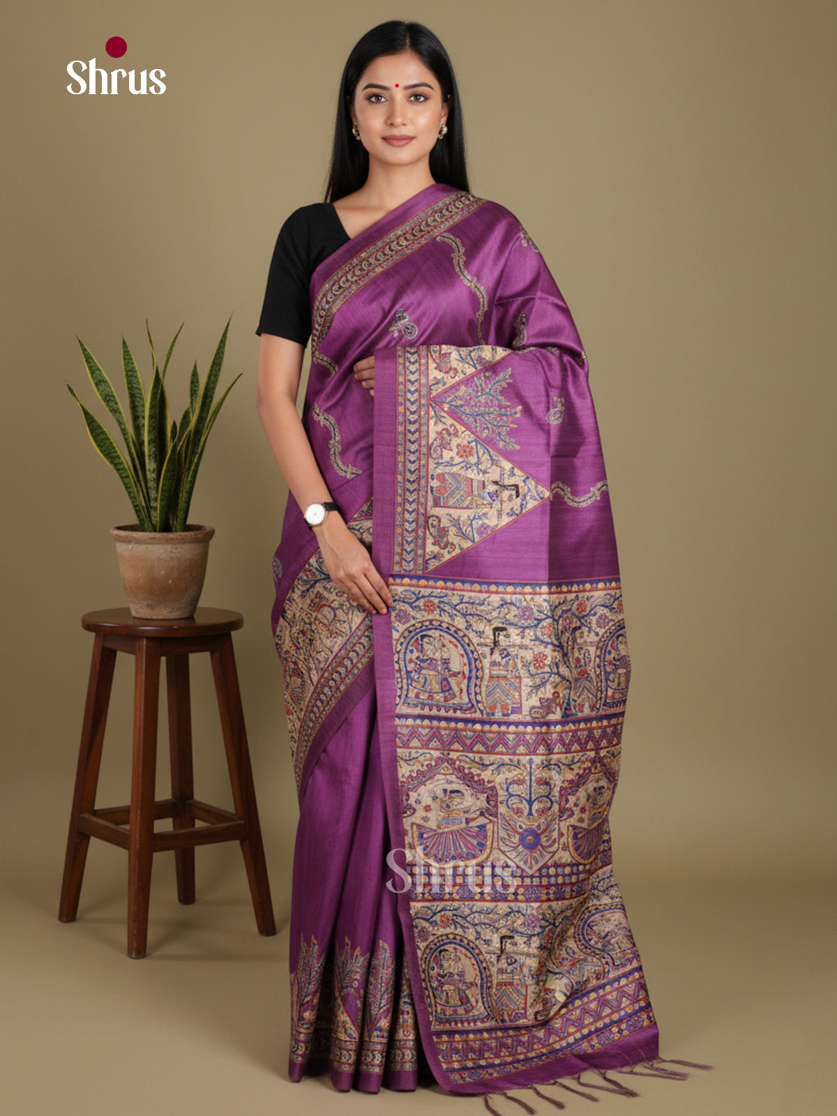 Violet & Cream - Printed Madhubani Saree